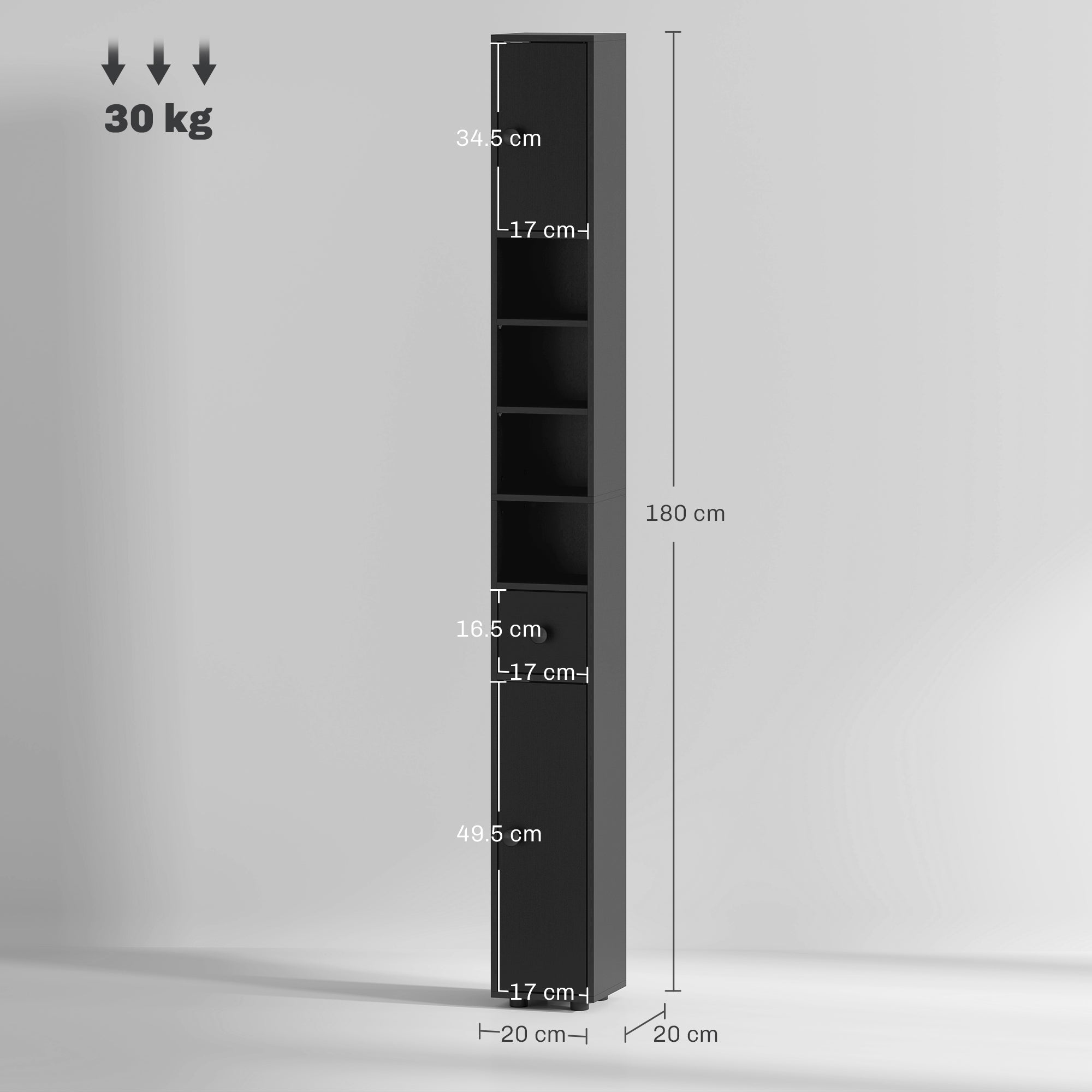 kleankin 180cm Slim Bathroom Cabinet, with Drawer, Shelves and Cupboards - Black