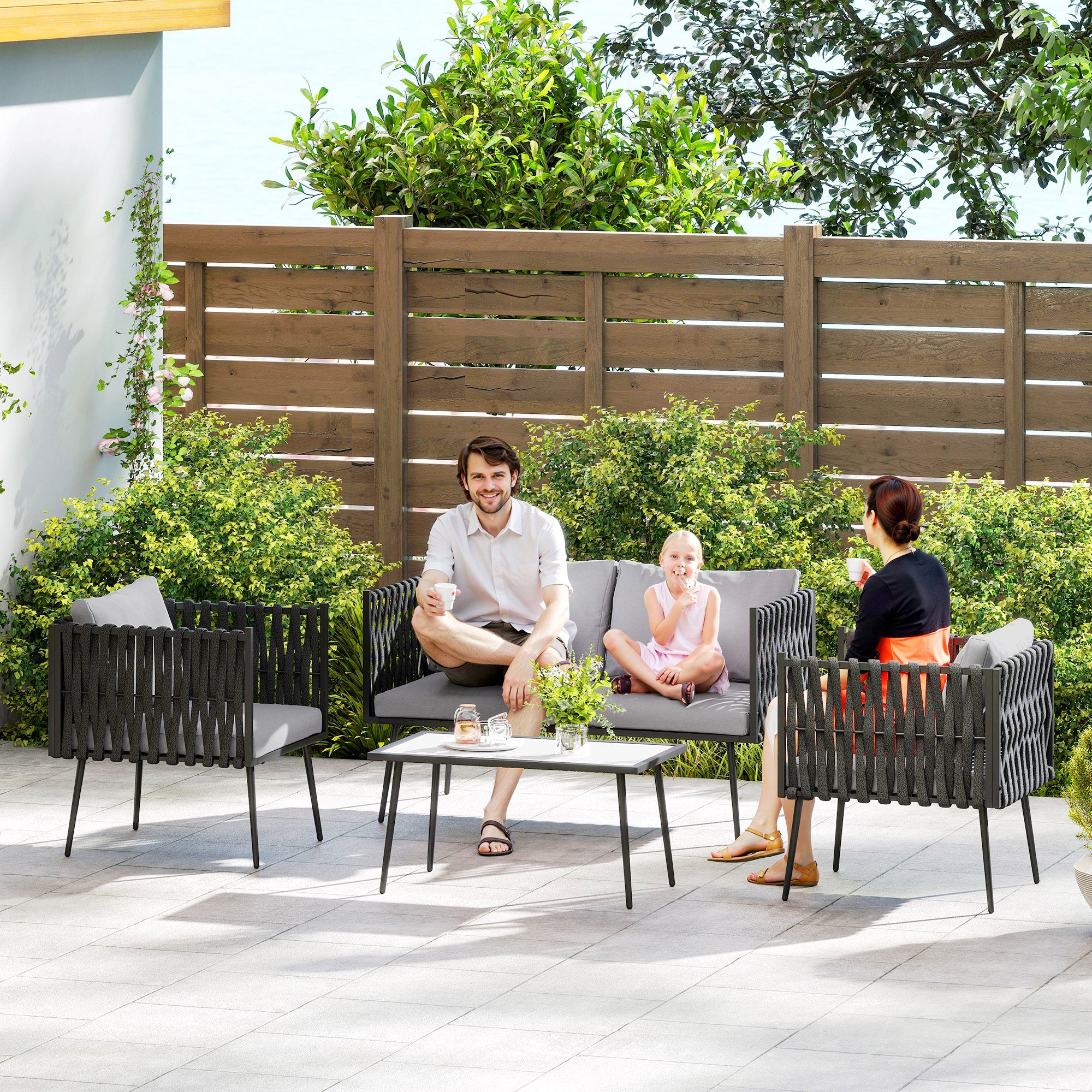 Outsunny 4-Piece Garden Furniture Set with Cushions - Light Grey