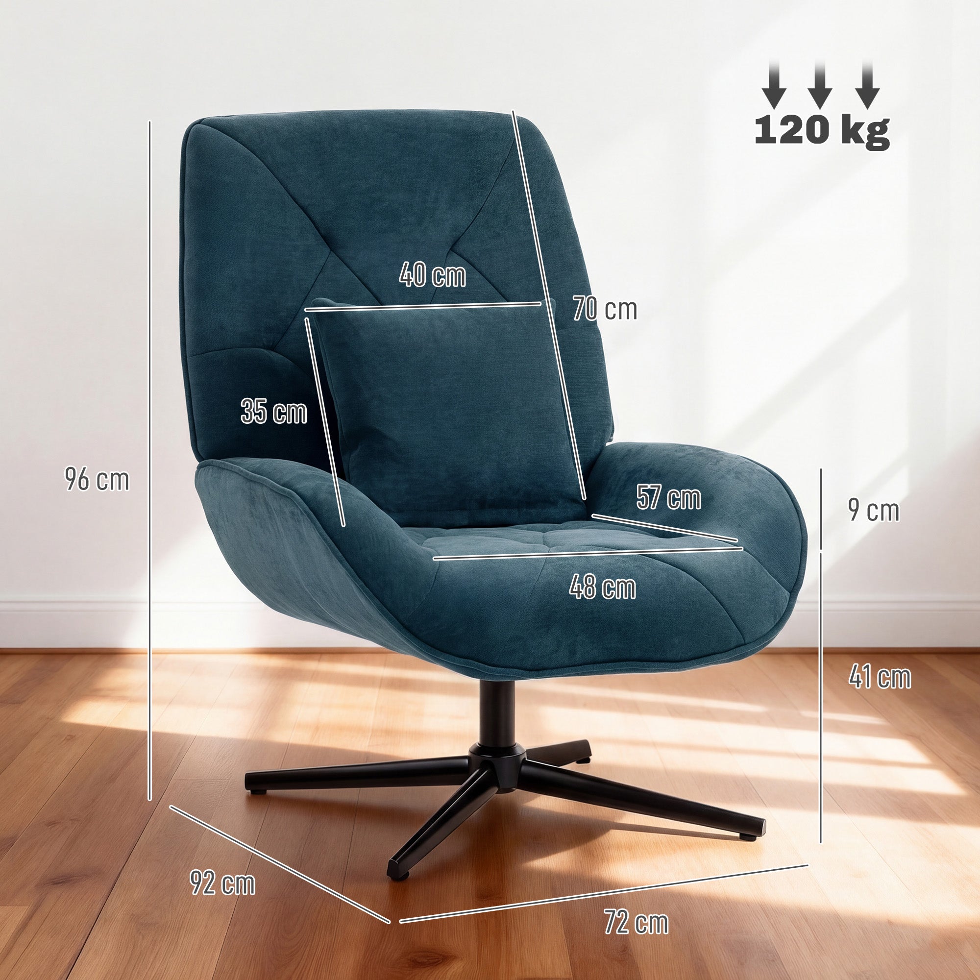 HOMCOM Accent Chair, Chenille Upholstered Swivel Armchair with Lumbar Pillow, High Back, Deep Seat and Metal Legs, Dark Green