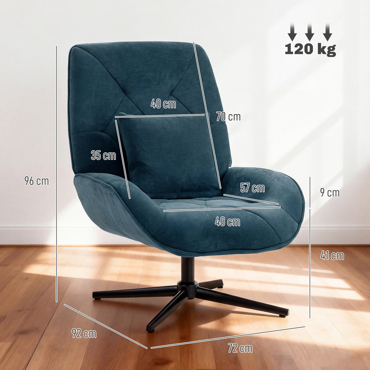HOMCOM Accent Chair, Chenille Upholstered Swivel Armchair with Lumbar Pillow, High Back, Deep Seat and Metal Legs, Dark Green
