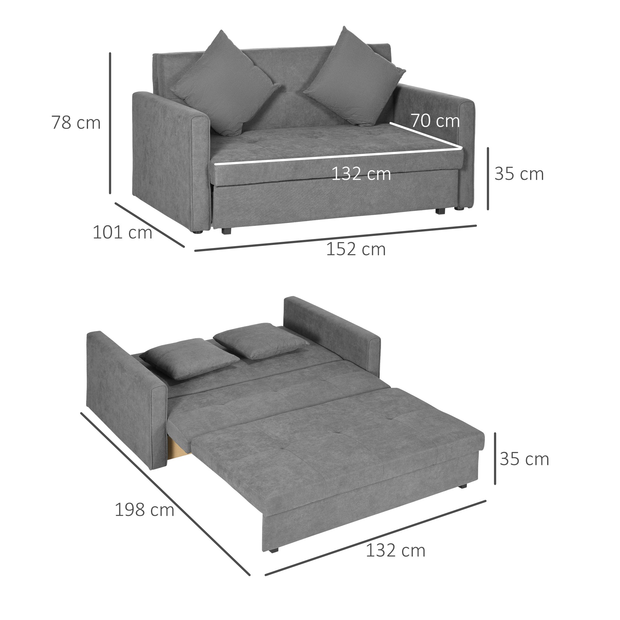 HOMCOM 2 Seater Sofa Bed, Convertible Bed Settee, Modern Velvet Loveseat Sofa Couch with 2 Cushions, Hidden Storage for Living Room, Guest Room, Grey