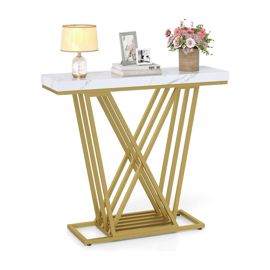Gold Console Table with a white faux marble top and a geometric gold metal base