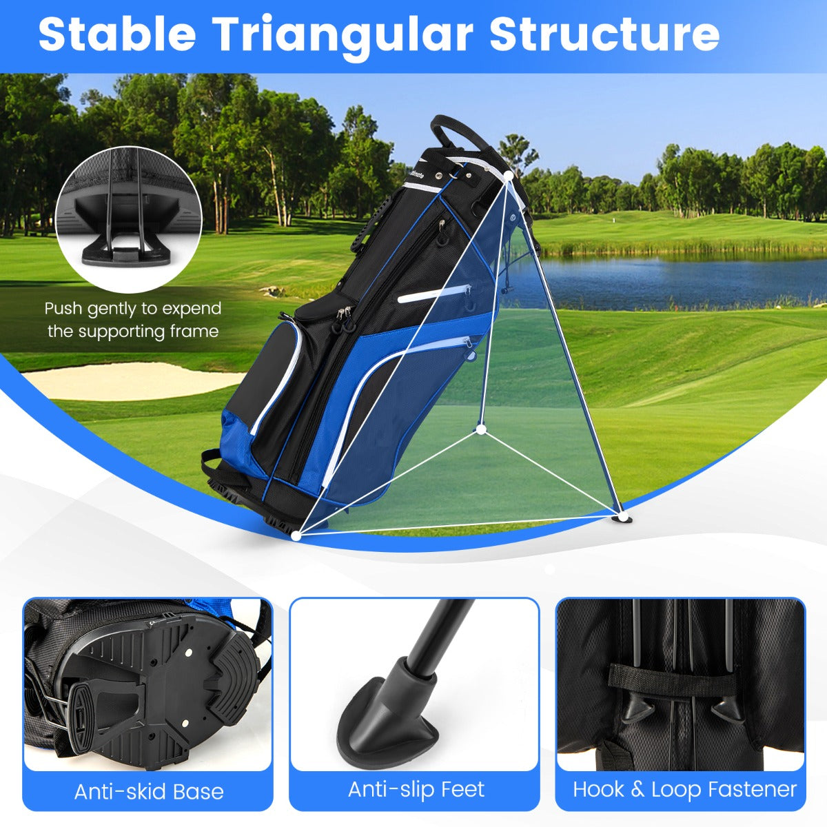 Golf Stand Bag wIth 14 Way Top Dividers 6 Pockets Cooler Bag Dual Strap and Rain Hood-Blue