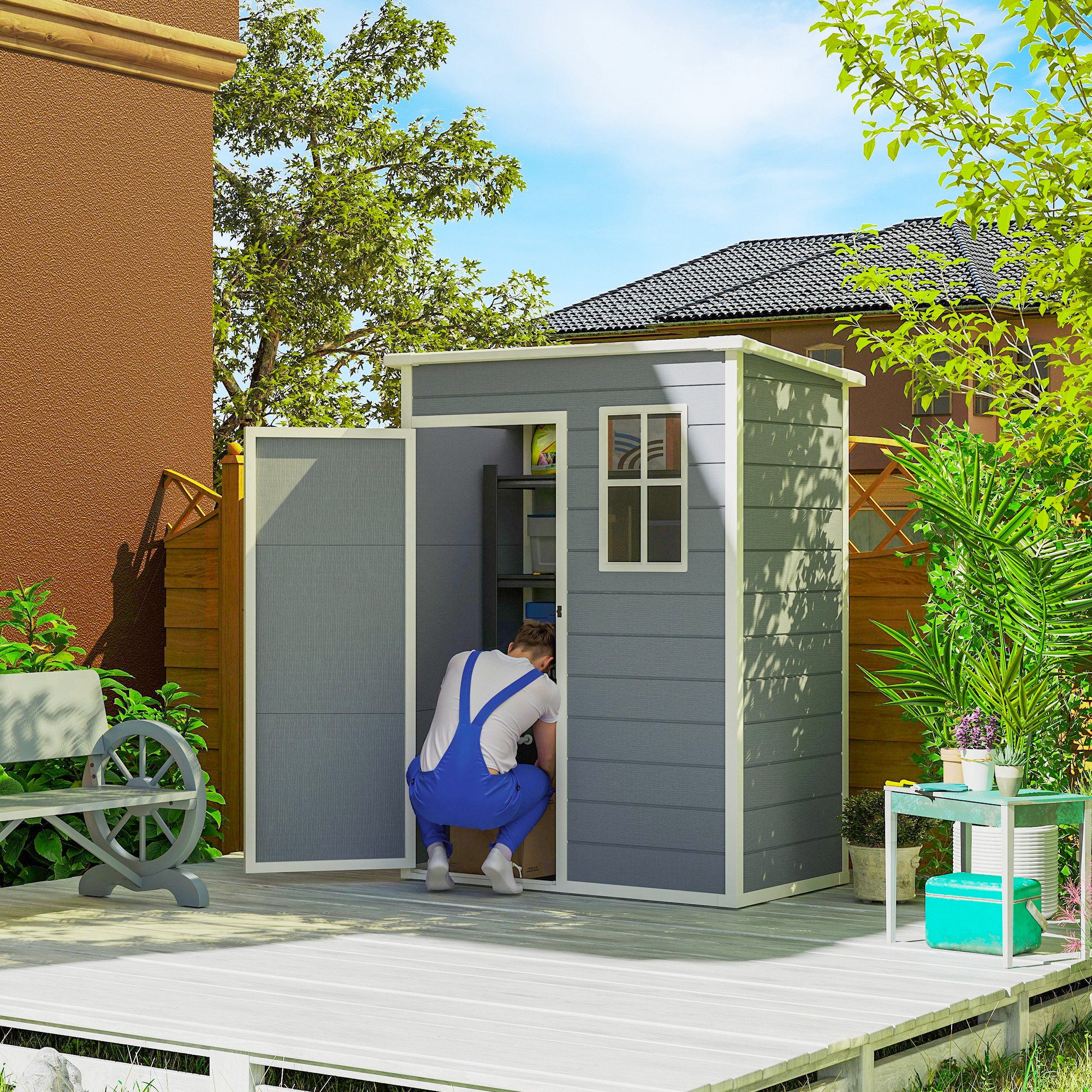 Outsunny 5' x 3' Garden Shed with Floor, Outdoor Storage Shed with Lockable Door, Window and Vent for Garden, Patio, Grey