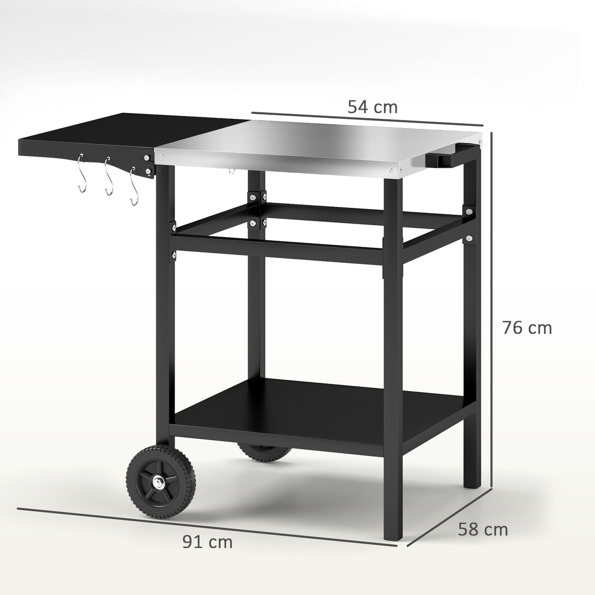 Outsunny BBQ Trolley with Stainless Steel Top and Foldable Side Table, Outdoor Kitchen Barbecue Station with Hooks and Shelf, Pizza Oven Table Movable Outdoor Grill Dining Cart with Cover, Black