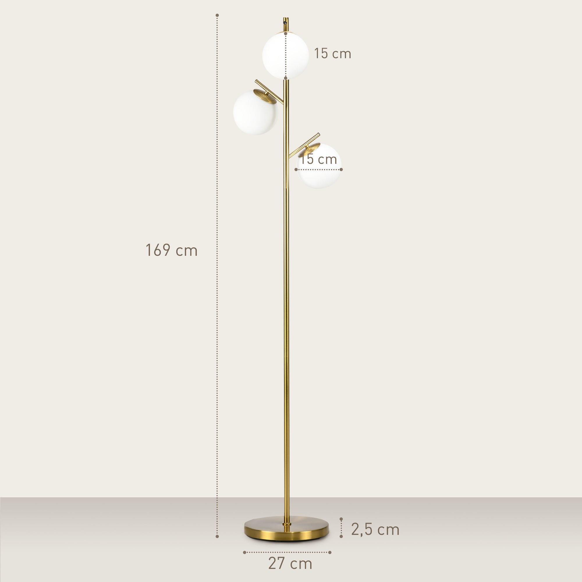 HOMCOM 3-Light Tree Floor Lamps for Living Room, Modern Standing Lamp for Bedroom with Globe Lampshade, 3000K/4000K/6000K Colour Temperatures, Steel Base, Gold Tone