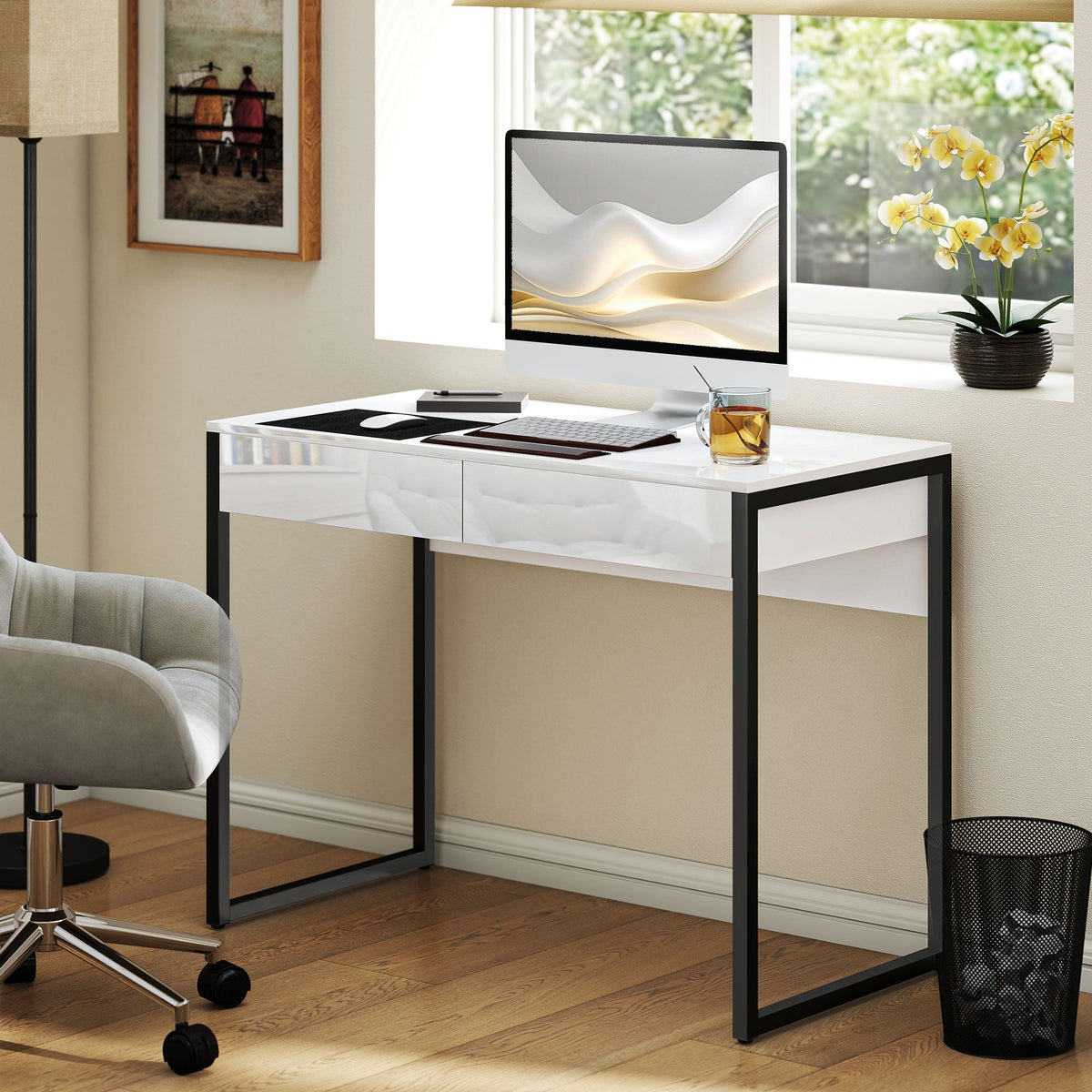 HOMCOM High Gloss Work Table, with Drawers - White