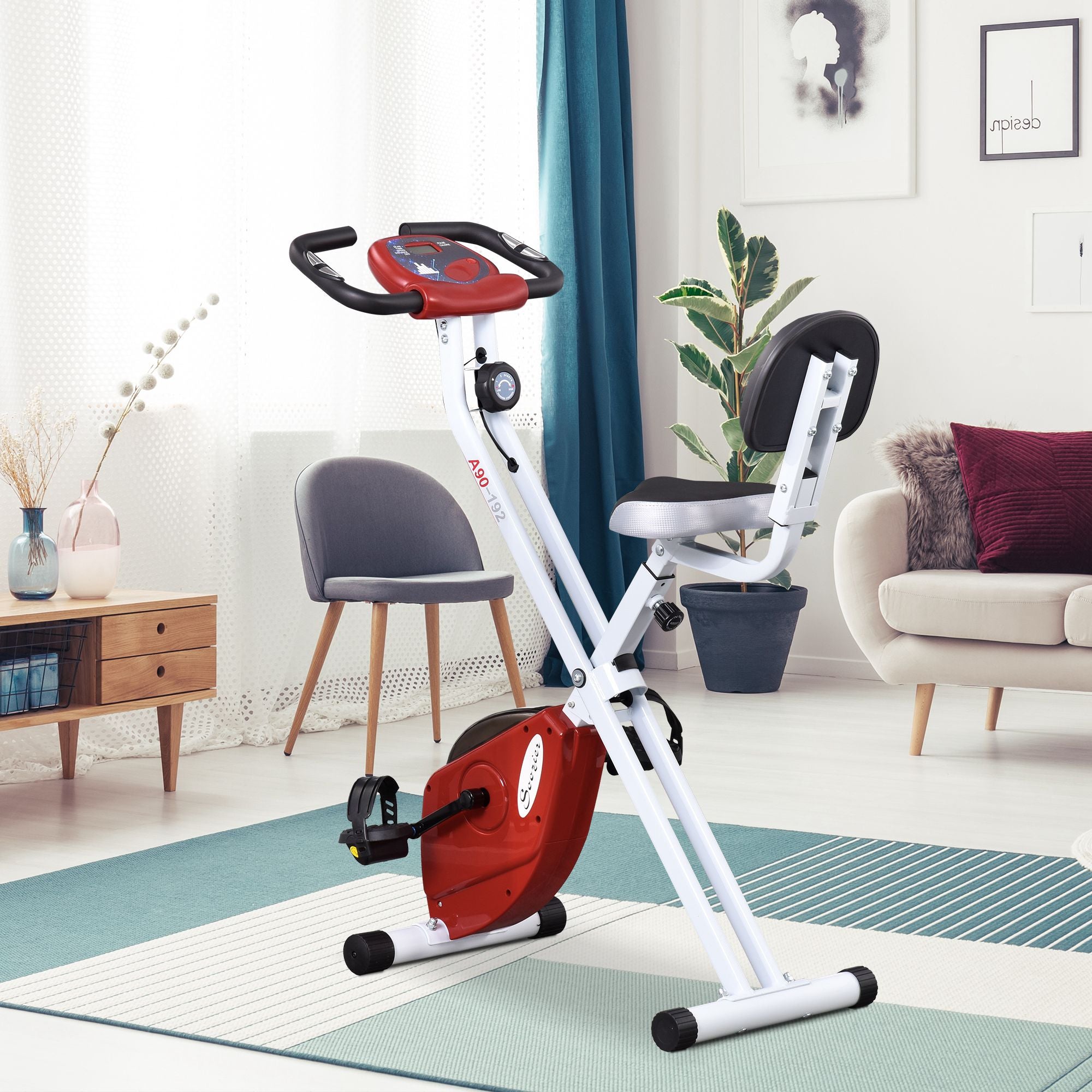 HOMCOM Folding Exercise Bike, Fitness Bicycle Indoor Trainer, Quiet 8-Level Magnetic Resistance, with LCD Monitor, Pulse Sensor and Wheels for Sport Maison and Cardio Training, Red