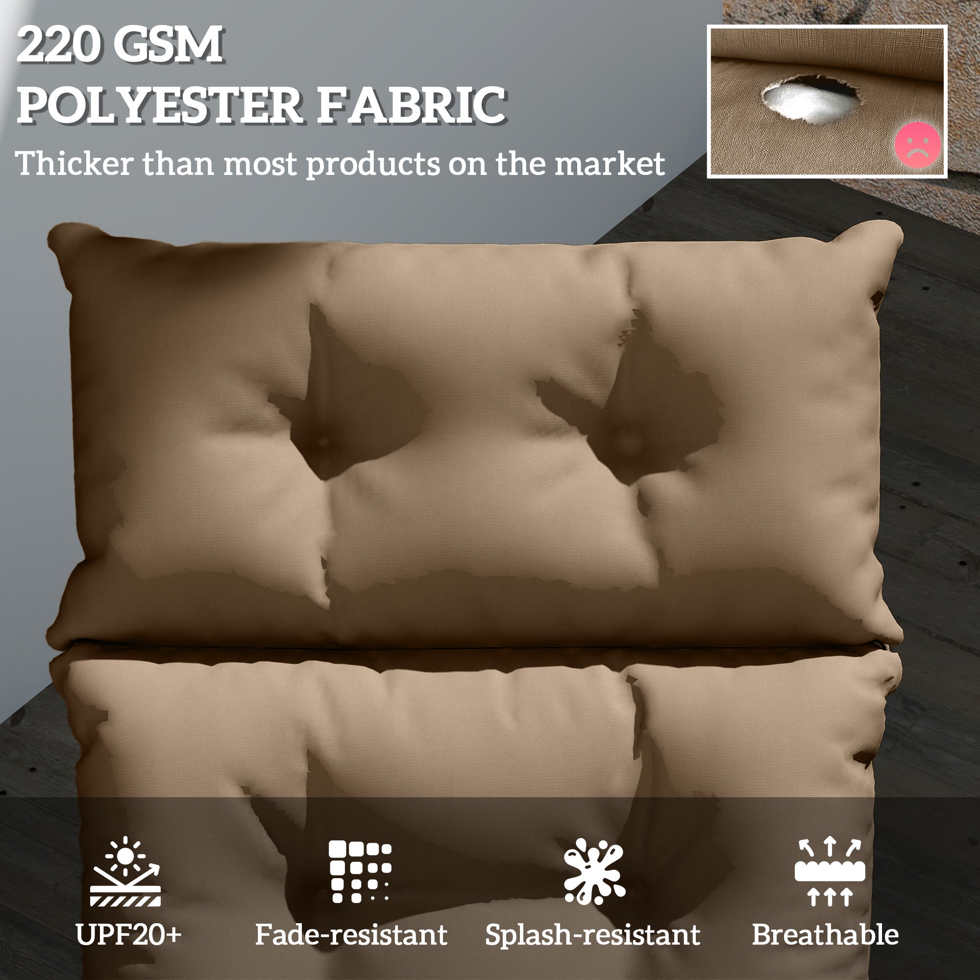 Outsunny Sun Lounger Cushions Only, 190x56x10cm Garden Lounge Chair Cushions, UPF20+ 220gsm Fabric, Thick Sunbed Replacement Pads with 6 Ties, Khaki