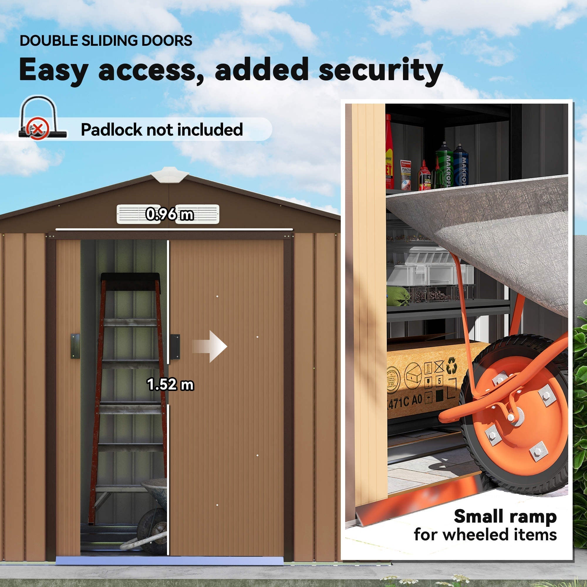 Outsunny 7 x 4ft Lockable Metal Garden Tool Storage Shed, Outdoor Storage Shed with Foundation and vents, Light Brown