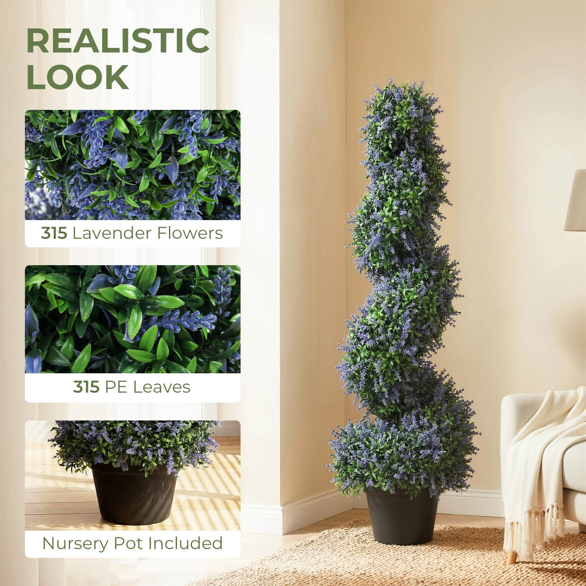 HOMCOM Artificial Lavender Topiary Tree Set of 2, UV Resistant Fake Plants in Pot for Indoor Outdoor Decor, 90 cm, Purple