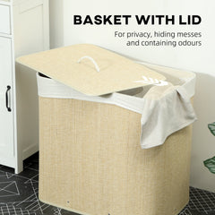 HOMCOM 3 Section Laundry Basket with Lid, 144L Bamboo Laundry Hamper with Handles, Removable and Washable Liner, Cream White