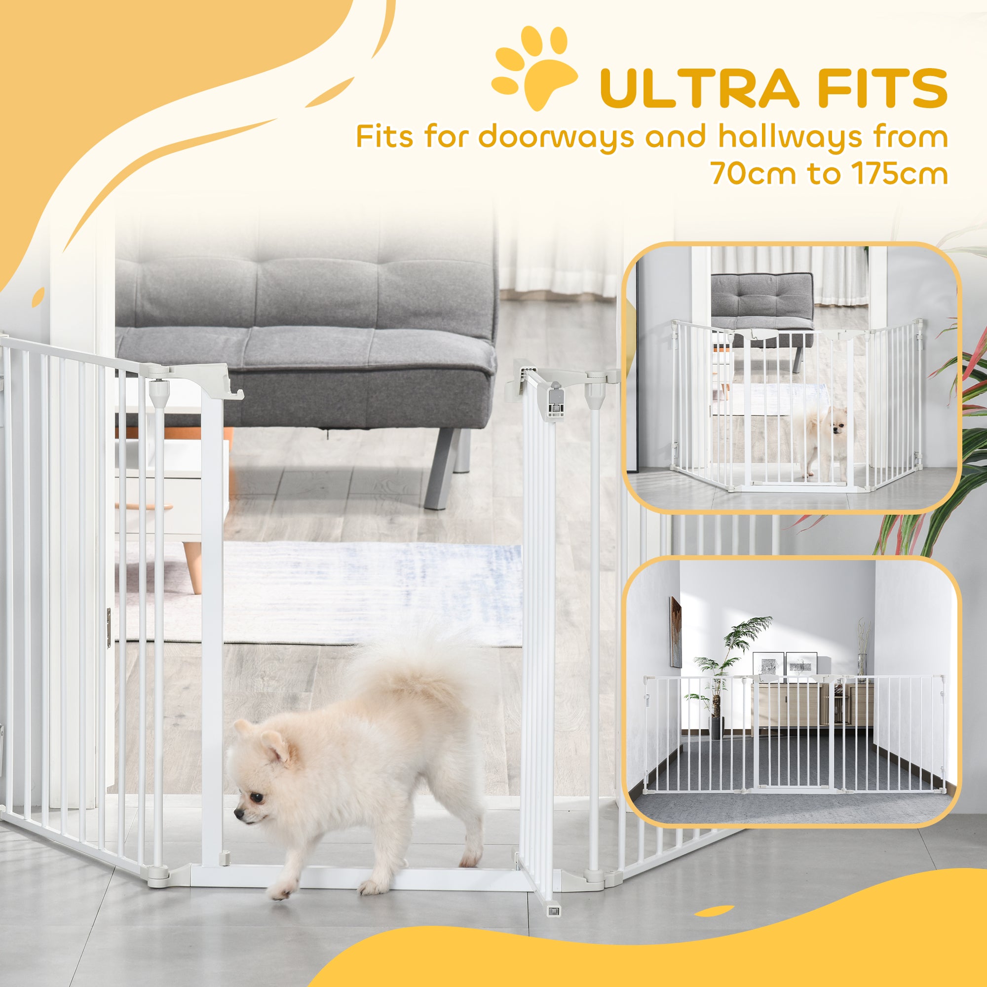 PawHut Pet Safety Gate, 3 Panels Playpen Fireplace, Metal Fence, Stair Barrier, Room Divider w/ Walk-Through Door - White
