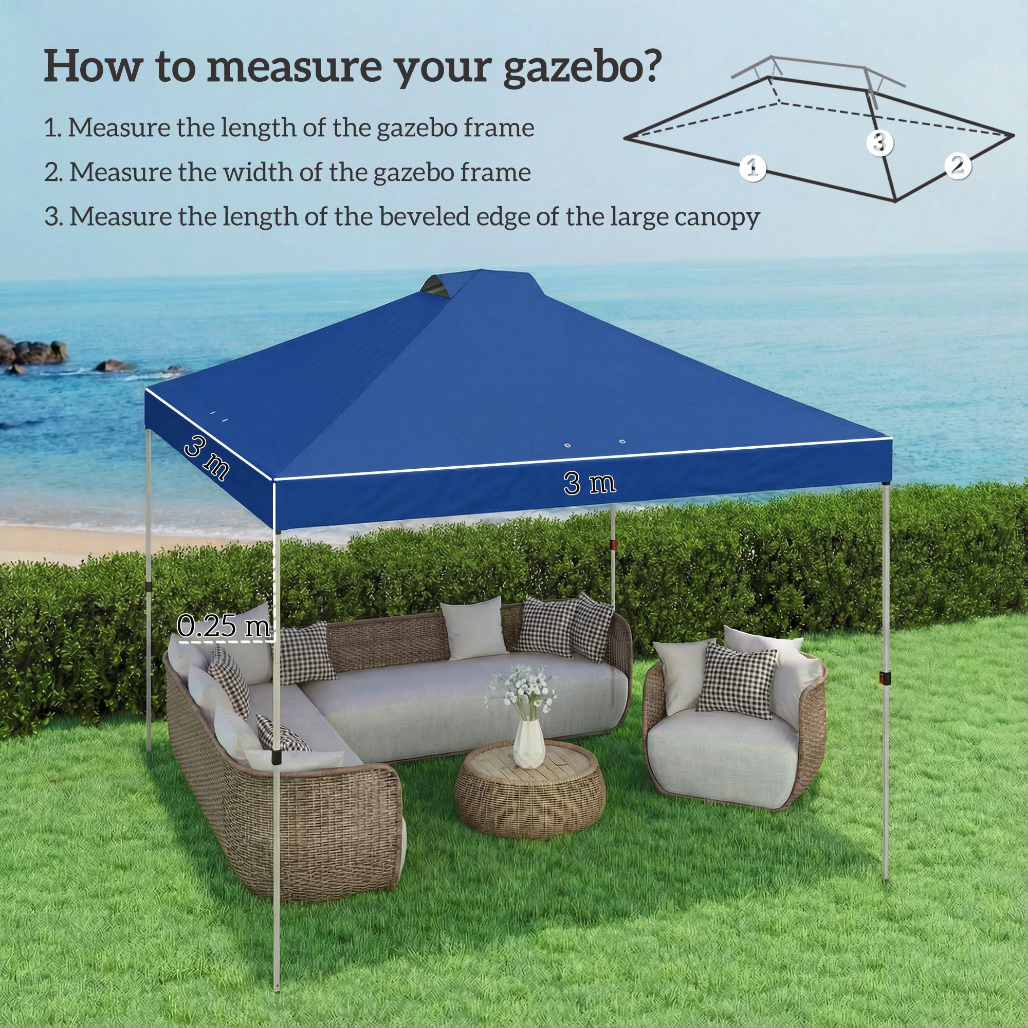 Outsunny Gazebo Roof Replacement UV50+ Waterproof Pop Up Canopy Cover with 8 Drainage Holes 3 x 3 m Blue
