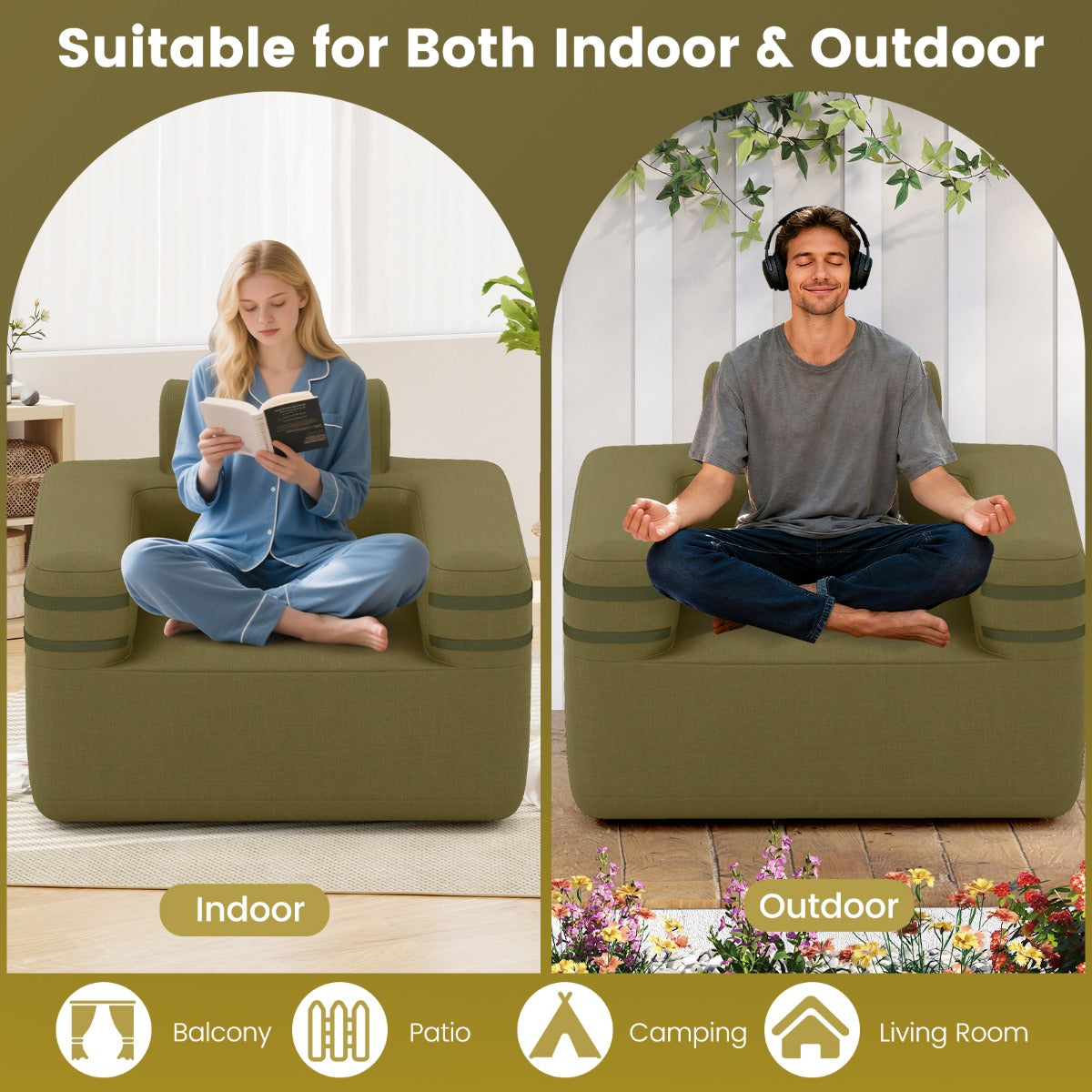 Inflatable Camping Chair Portable Sofa Chair with Built-in Air Pump-Green