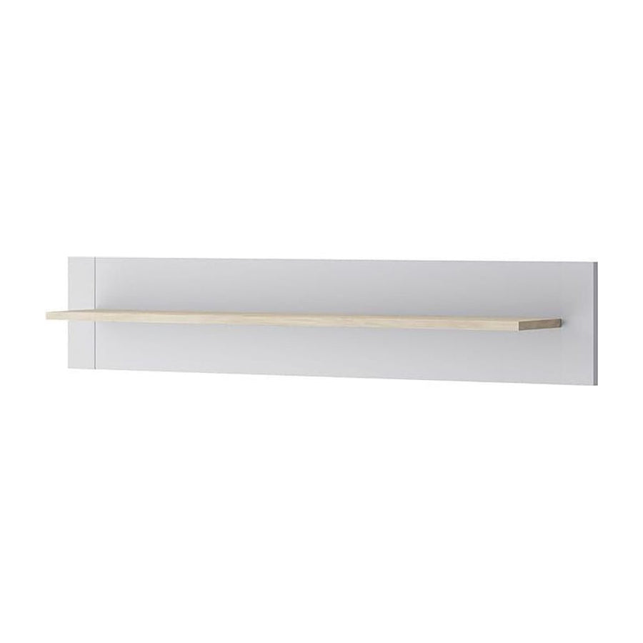 Grey Wall Shelf 113cm, a simple modern shelf with a light wood effect plank on a white backing