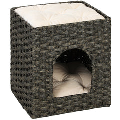 PawHut 2-Tier Wicker Cat House, Handwoven Rattan Cat Bed with Washable Cushions, Indoor Kitten Condo Hideaway