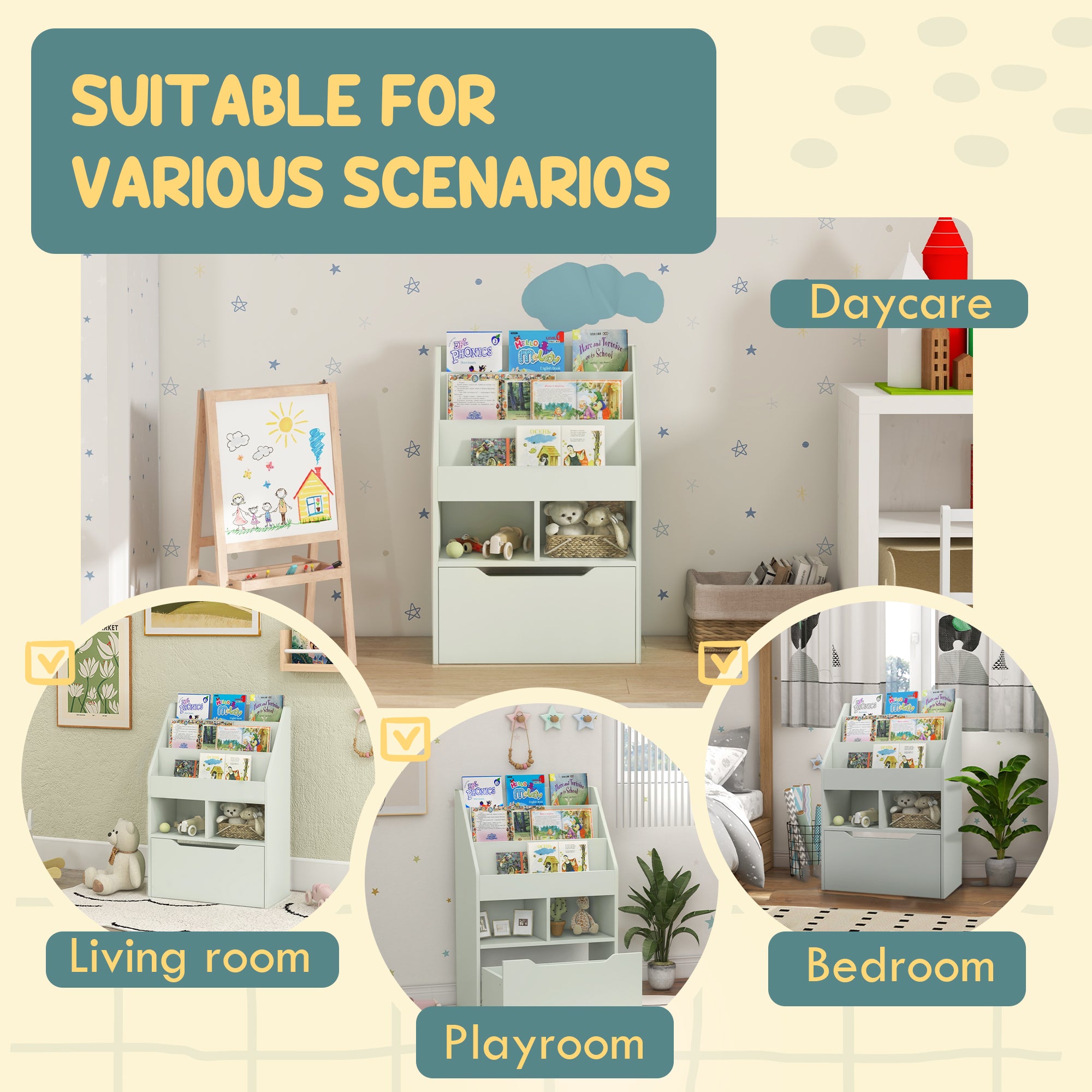 HOMCOM Kids Bookshelf, Toy Organiser, with Storage Drawer, Wheels - Green