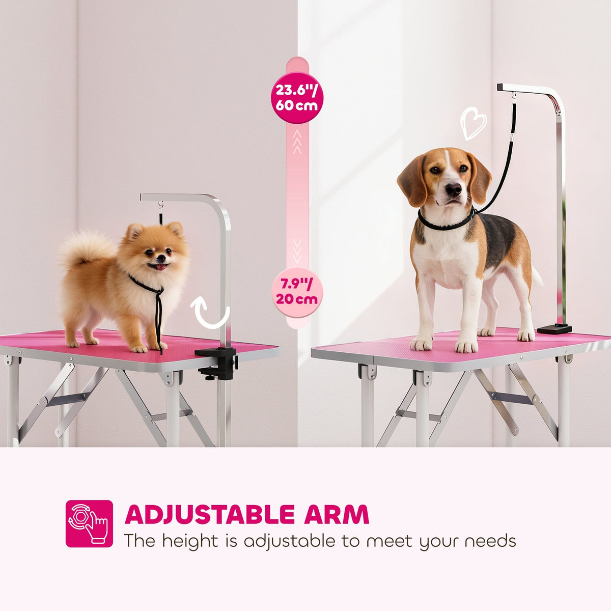 PawHut 32" Foldable Dog Grooming Table Pet Drying Beauty Table Adjustable Fixed Arm Rubber Top, Pink