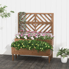 2-Tier Raised Garden Bed with Trellis and Drainage Hole-Brown