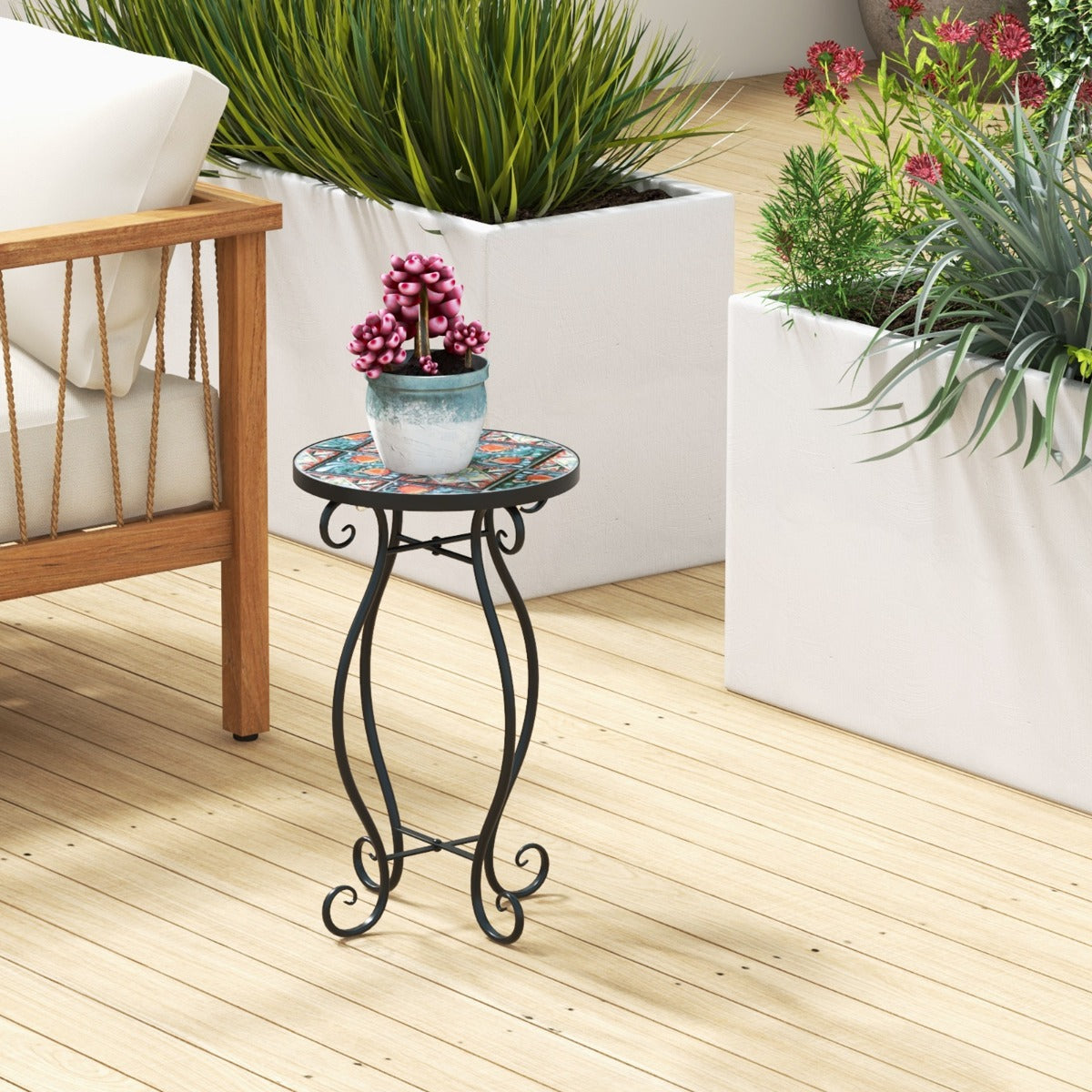 Outdoor Mosaic Round Plant Stand with Ceramic Tile Top