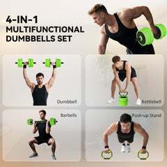 SPORTNOW 20kg Four-In-One Adjustable Weight Dumbbells Set, Barbell, Kettlebell, Push Up Stand - Green