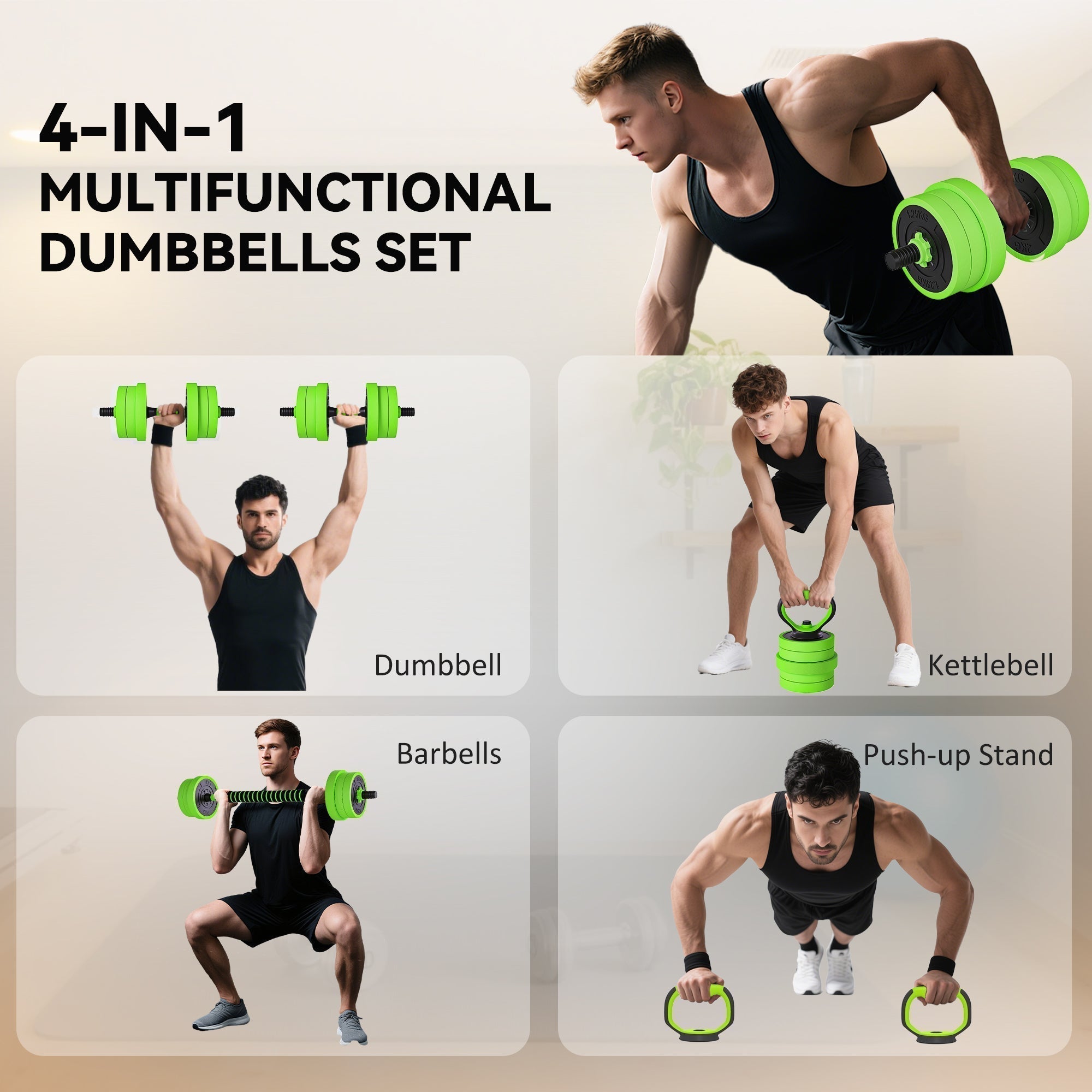 SPORTNOW 20kg Four-In-One Adjustable Weight Dumbbells Set, Barbell, Kettlebell, Push Up Stand - Green