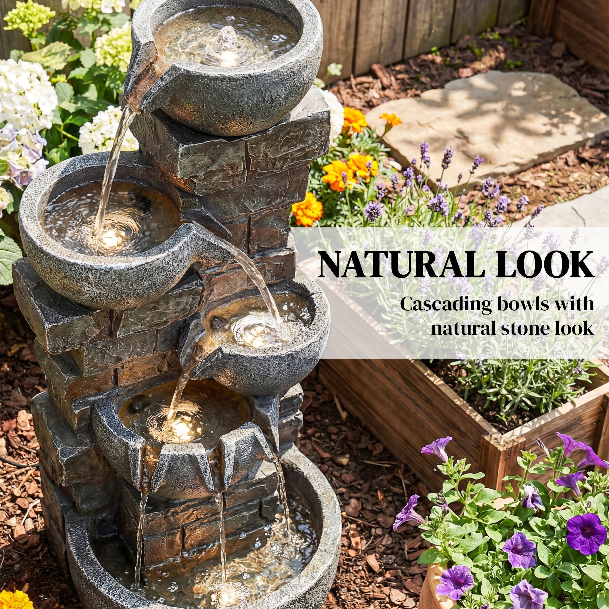 Outsunny Outdoor Water Fountain with LED Lights, 80cm Tall 5 Tiers Cascading Water Feature for Garden Patio Home Decor, Mixed