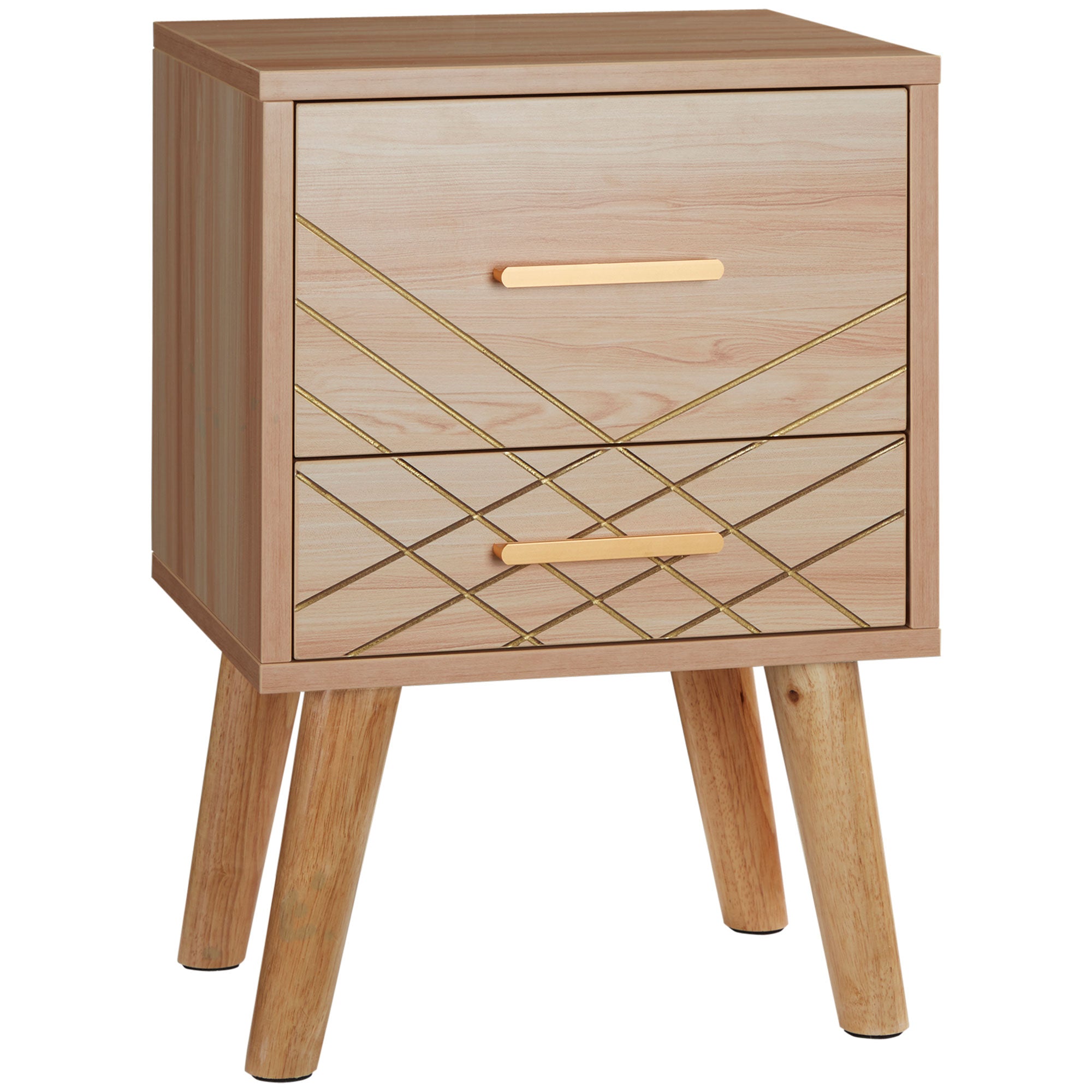 HOMCOM Bedside Cabinet, Scandinavian Bedside Table with Drawers, Bed Side Table with Wood Legs, Natural