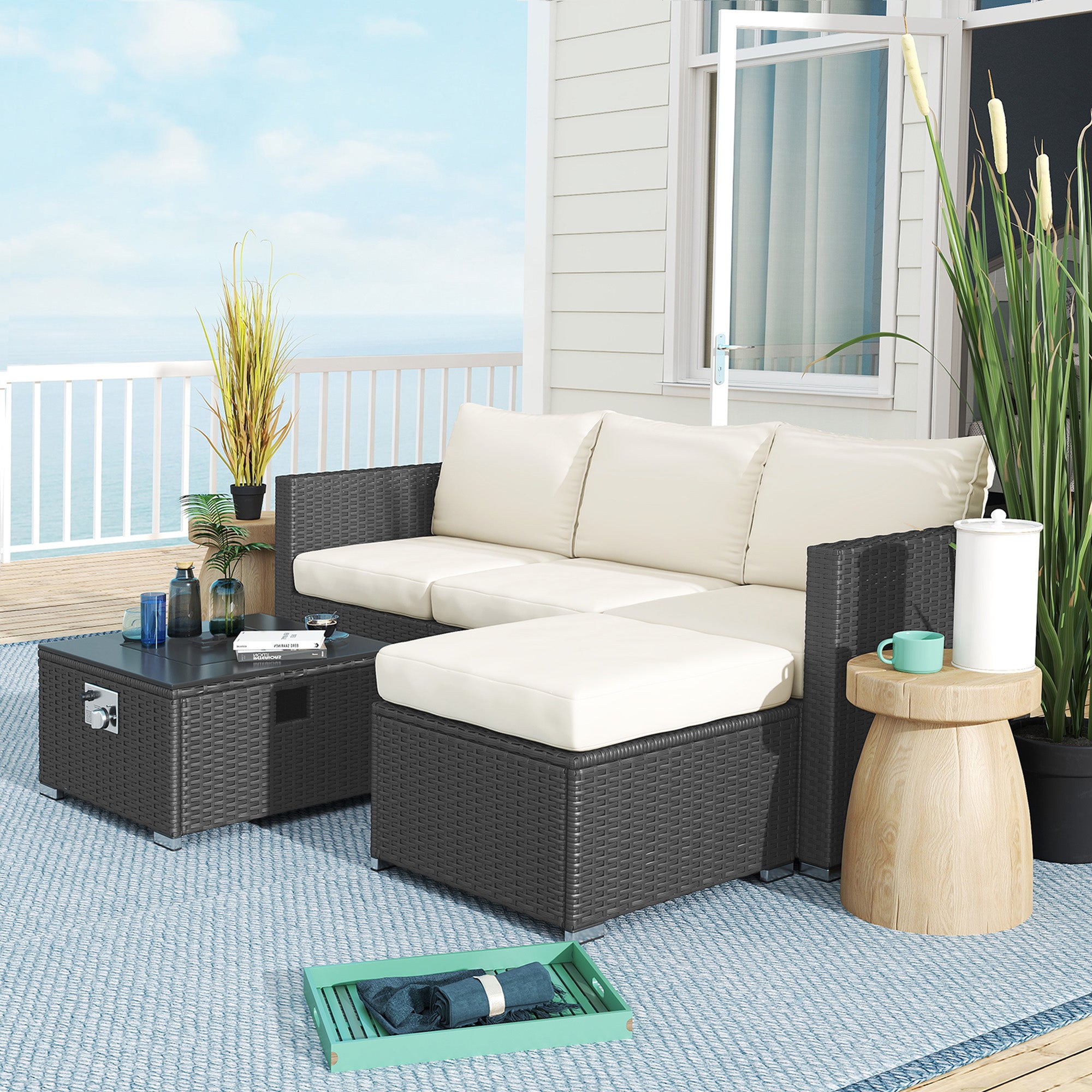 Outsunny Five Piece Rattan Garden Furniture Set with Gas Fire Pit Table and Footstool - Black and Cream White