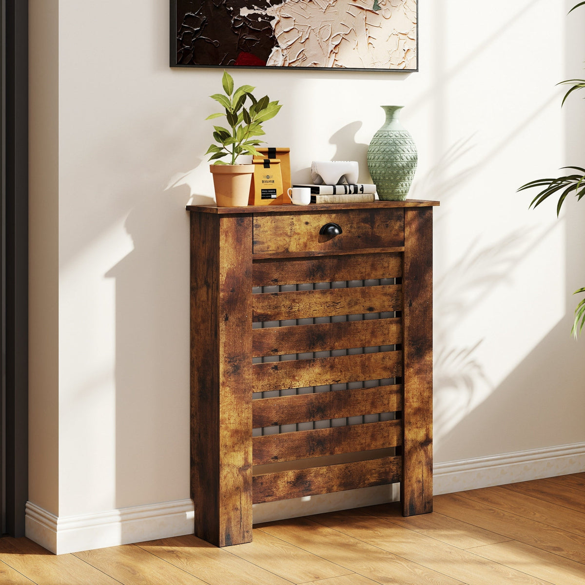 HOMCOM 95.5H x 78Wcm Radiator Cover, with Drawer - Rustic Brown