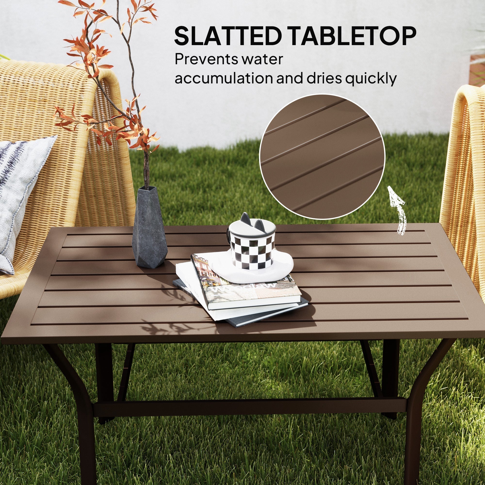 Outsunny Metal Garden Coffee Table, Rectangular Outdoor Side Table with Slatted Tabletop, Foot Pads for Outside, Garden, Balcony, Porch, 91.5 x 55 x 45cm, Brown