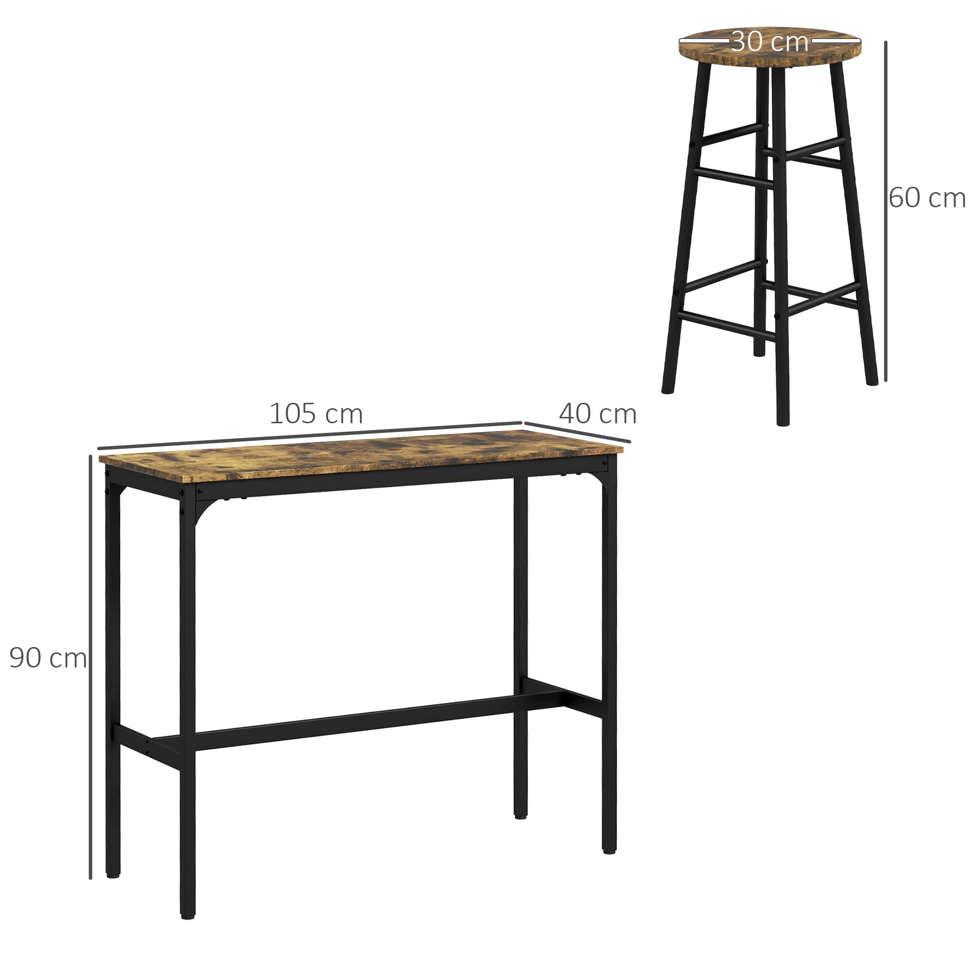 HOMCOM 3 Piece Bar Table Set with 2 Stools, Industrial Bar Table and Stool Set, Dining Table and Chair Set, Rustic Brown