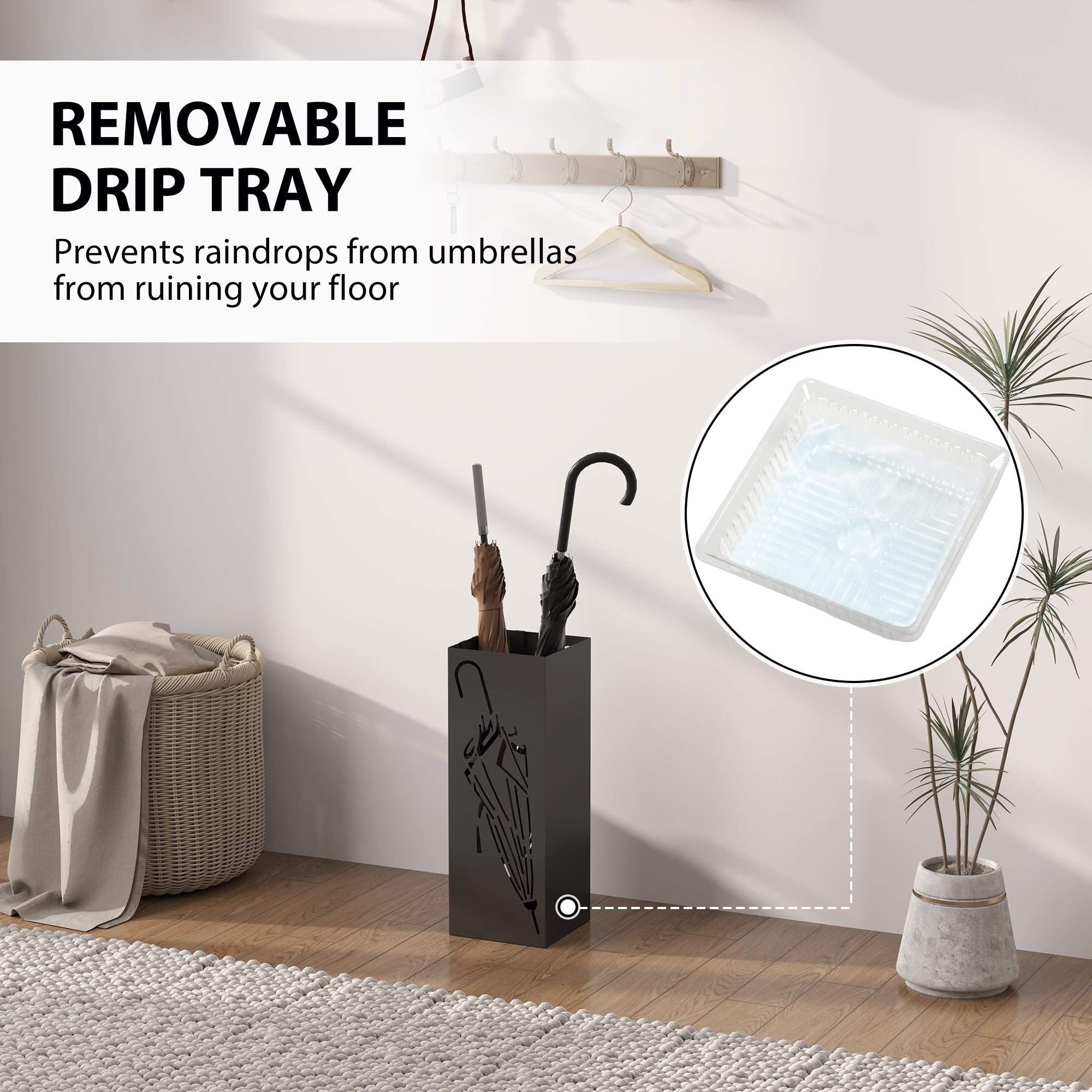 HOMCOM Metal Umbrella Stand, Square Umbrella Holder with 4 Hooks and Removable Drip Tray, Decorative Umbrella Storage Rack for Entryway, Hallway, 15.5 x 15.5 x 41 cm, Black