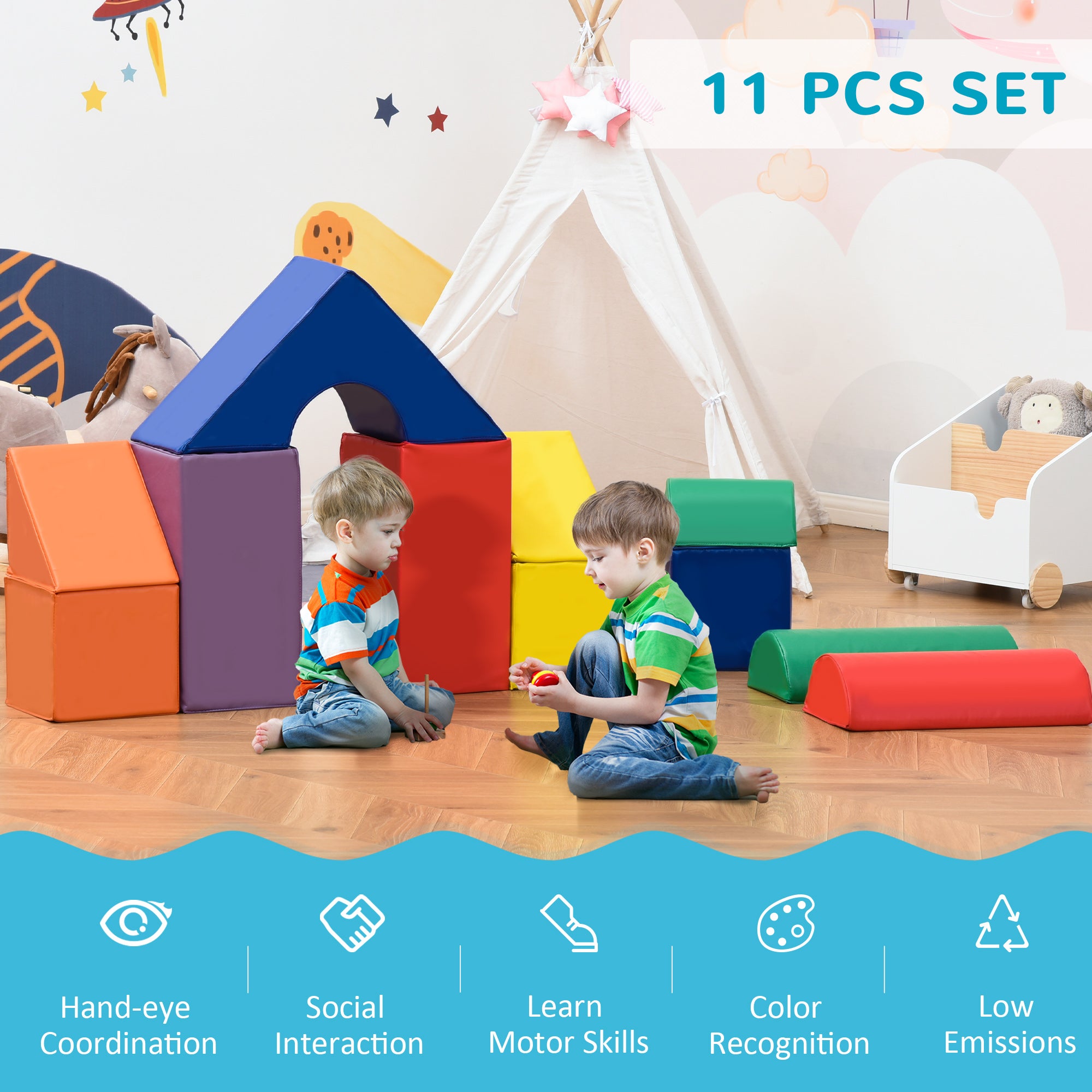 HOMCOM 11-Piece Kids Soft Play Set, Foam Block, Toys for Climbing, Crawling, Multicoloured