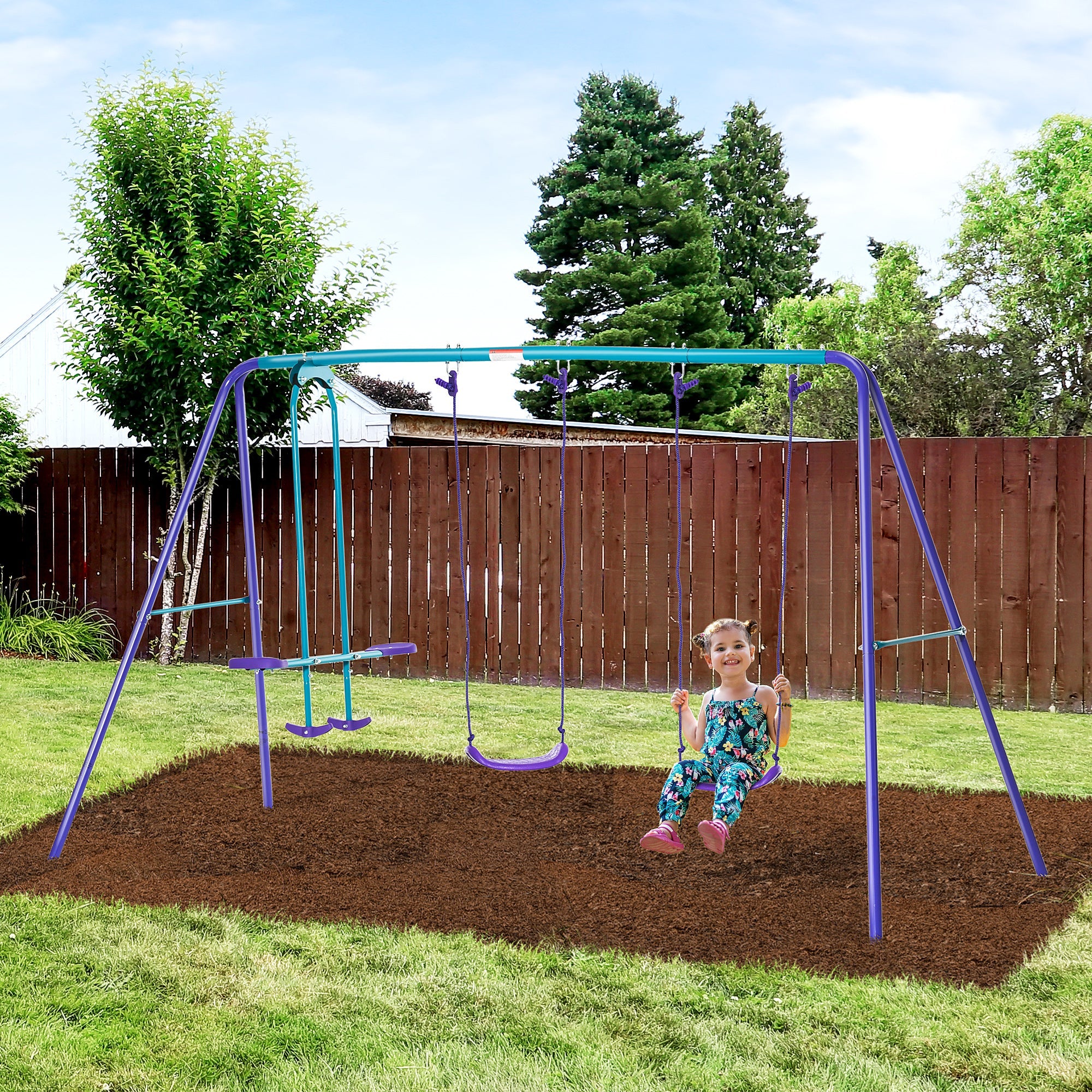 Outsunny Metal Swing Set, with Seesaw, Adjustable Height, for Ages 3+ Years, Purple