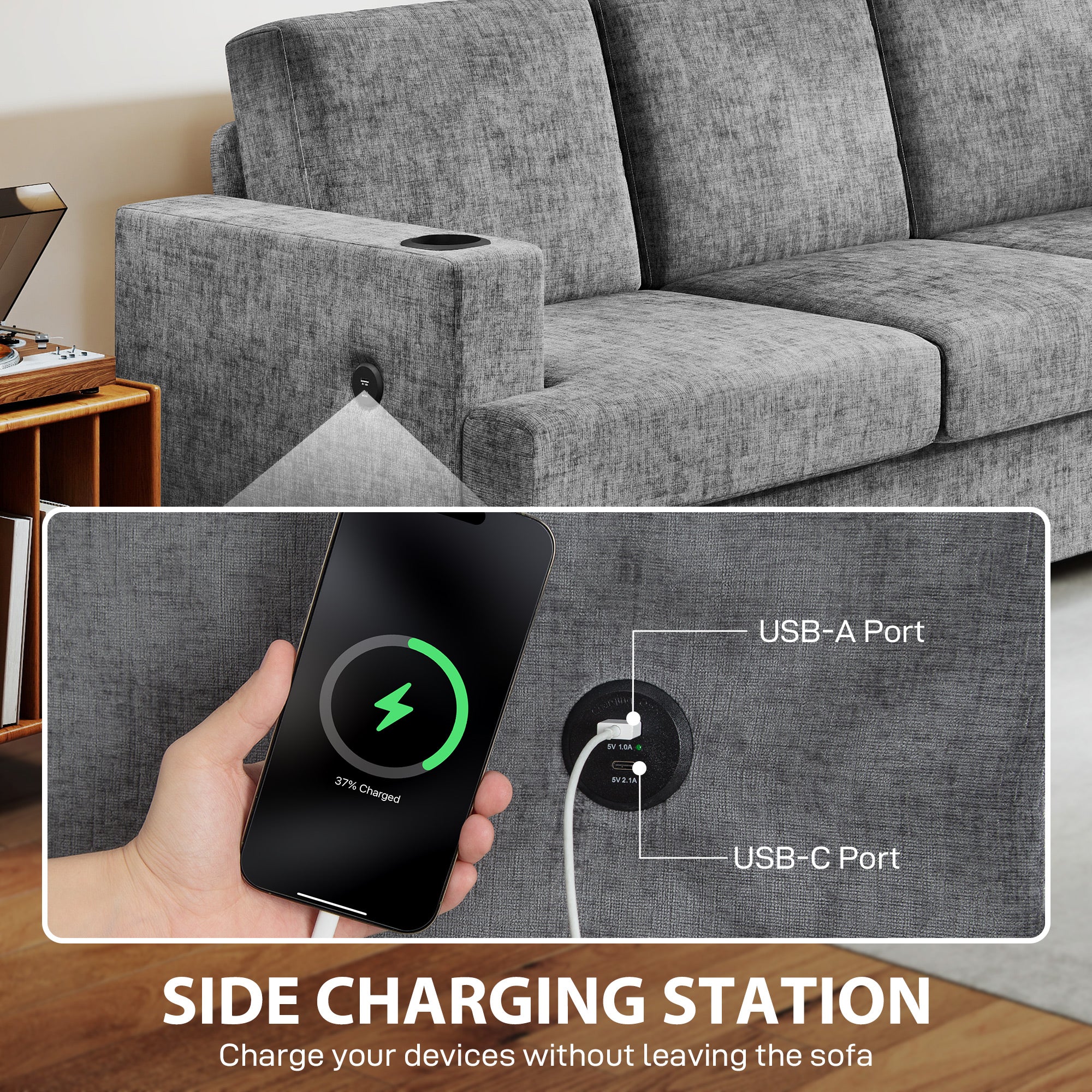 HOMCOM 3 Seater Sofa with USB Ports & Cup Holders - Grey