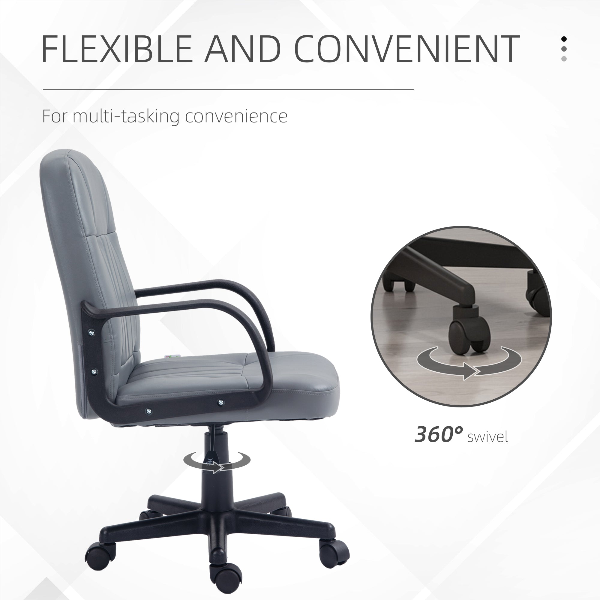 HOMCOM Desk Chair, PU Leather Computer Office Chair with Adjustable Height, Swivel Wheels for Home Work Study, Grey