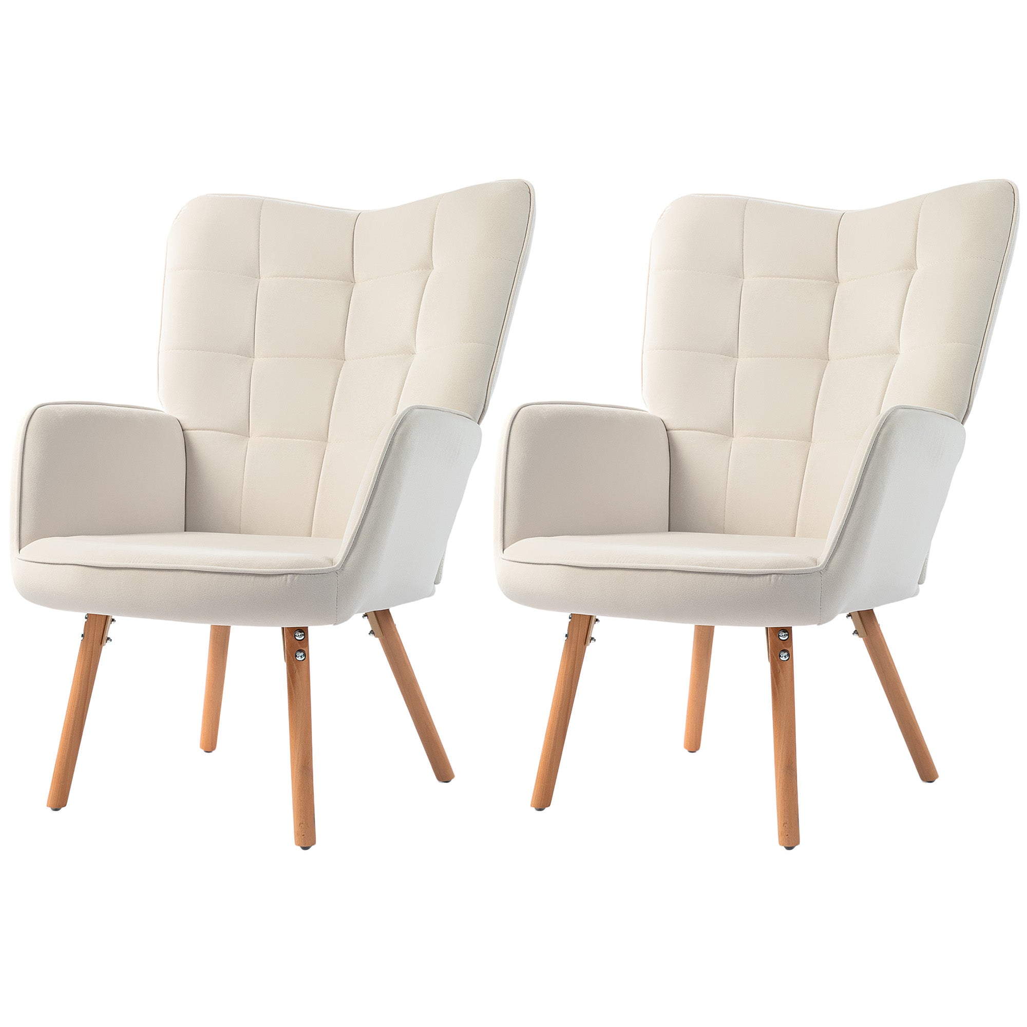 HOMCOM Modern Accent Chair Set of 2 Velvet-Touch Tufted Wingback Armchair Upholstered Leisure Lounge Sofa Club Chair with Wood Legs, Cream White