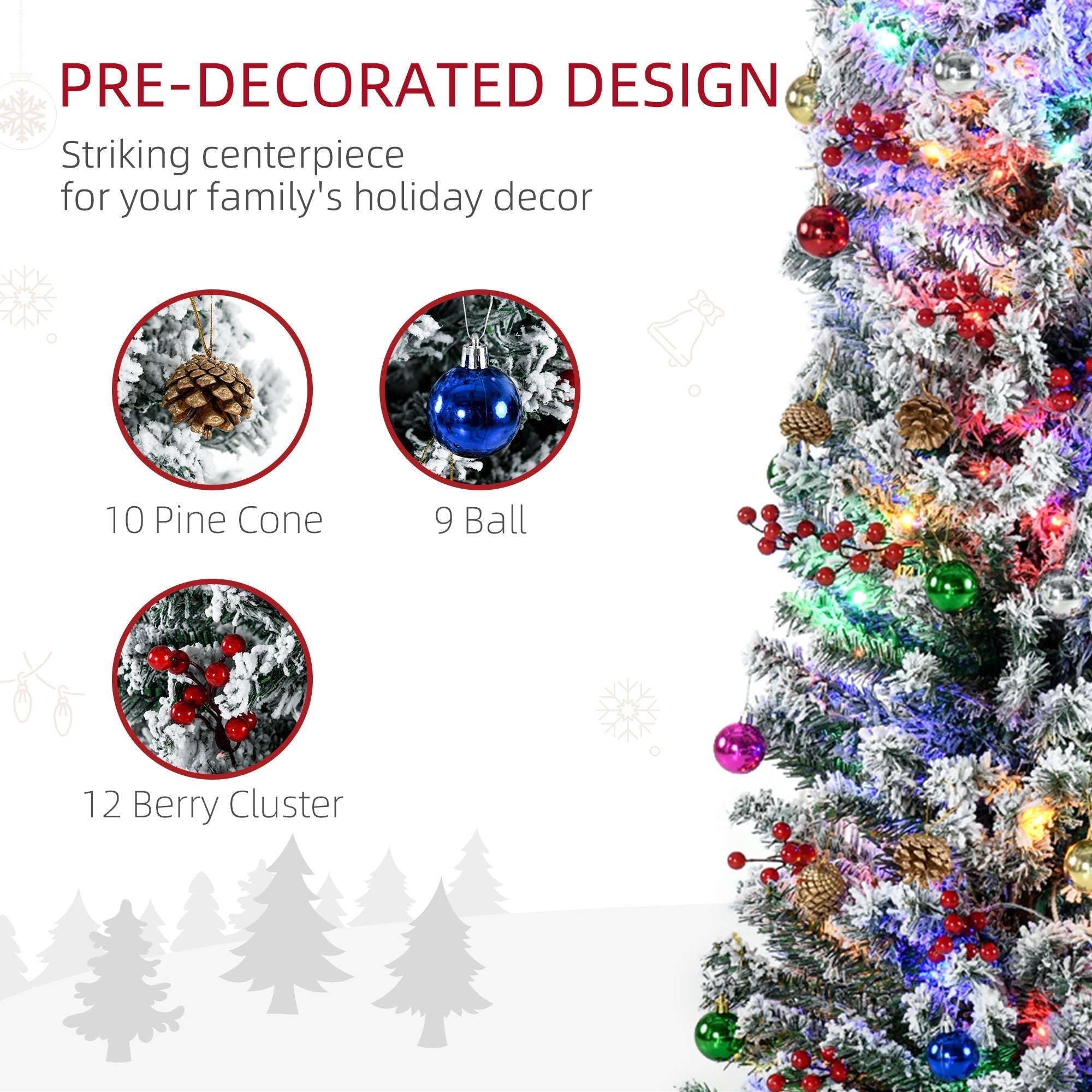 HOMCOM 6' Artificial Prelit Christmas Trees Holiday D√É¬©cor with Colourful LED Lights, Flocked Tips, Berry, Pine Cone