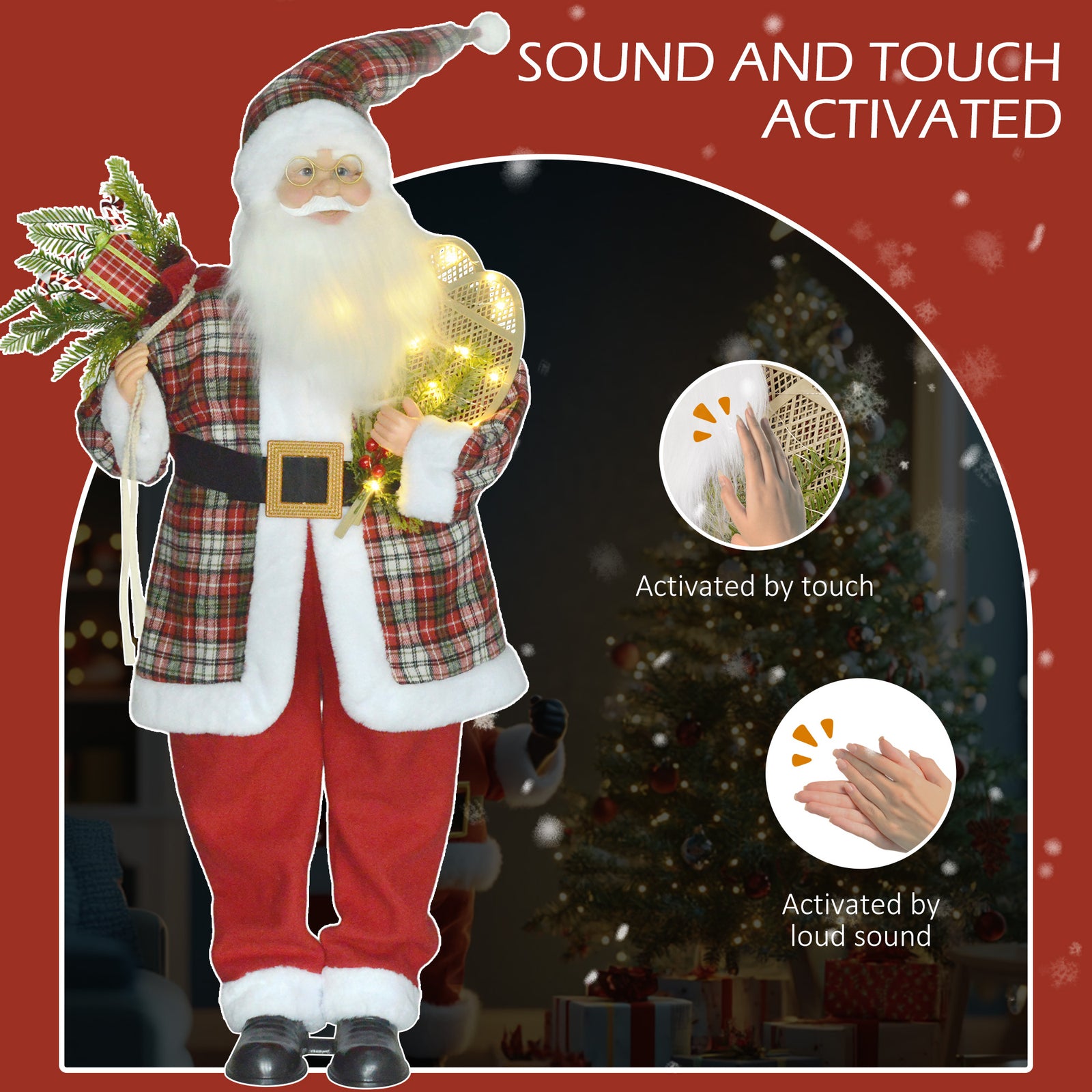 HOMCOM 120cm Animated Santa Claus Figure, with Sound and Lights - Red/Green