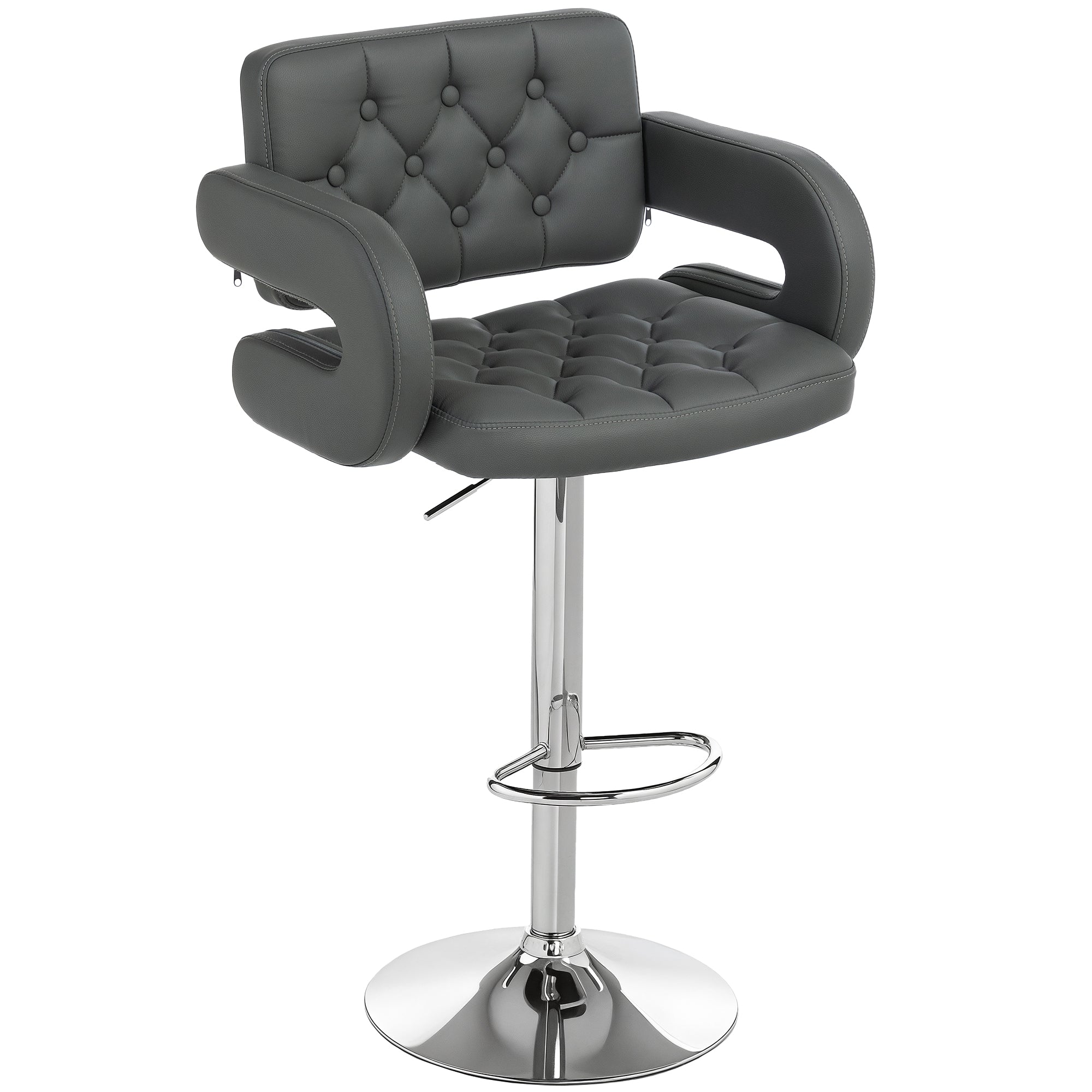 HOMCOM PU Leather Upholstered Swivel Bar Stool, Height Adjustable with Back, Armrest, Footrest, Grey