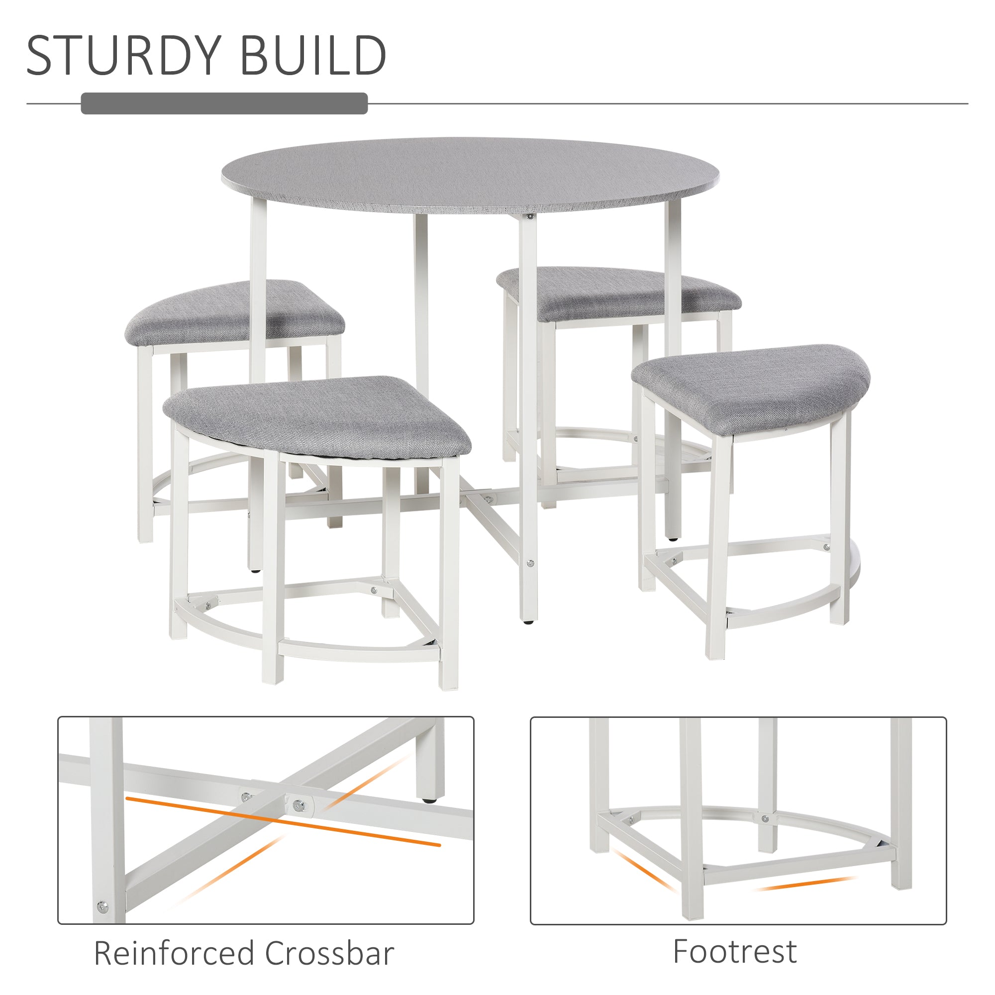 HOMCOM Modern Round Dining Table Set with 4 Upholstered Stools for Dining Room, Kitchen, Grey