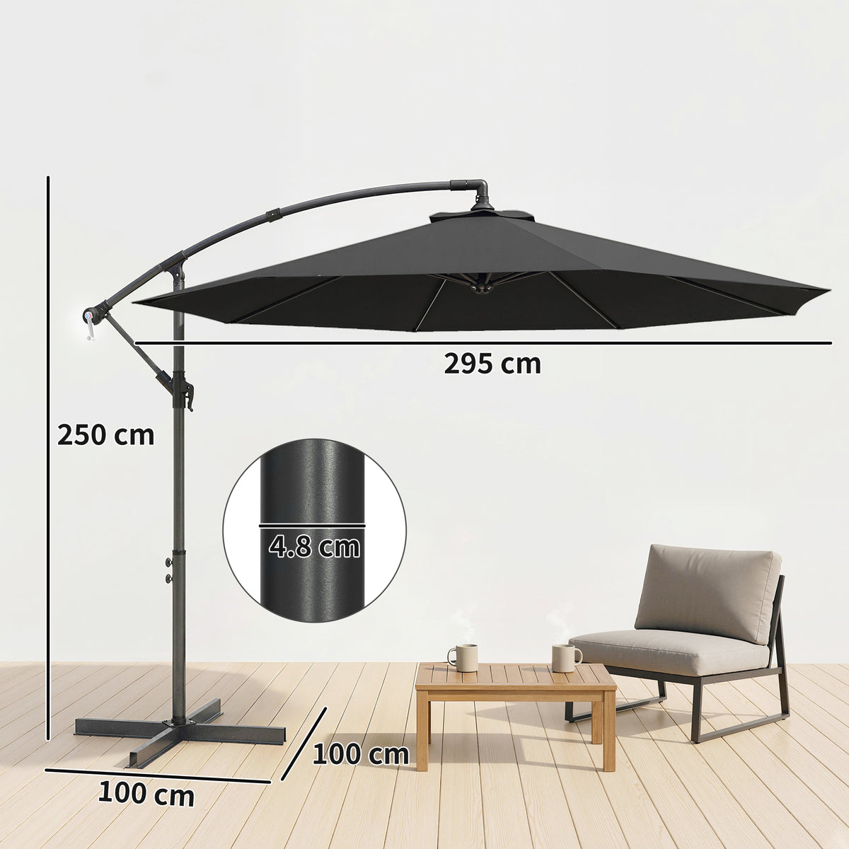 Outsunny 3m Overhanging Cantilever Parasol, with Cross Base - Black