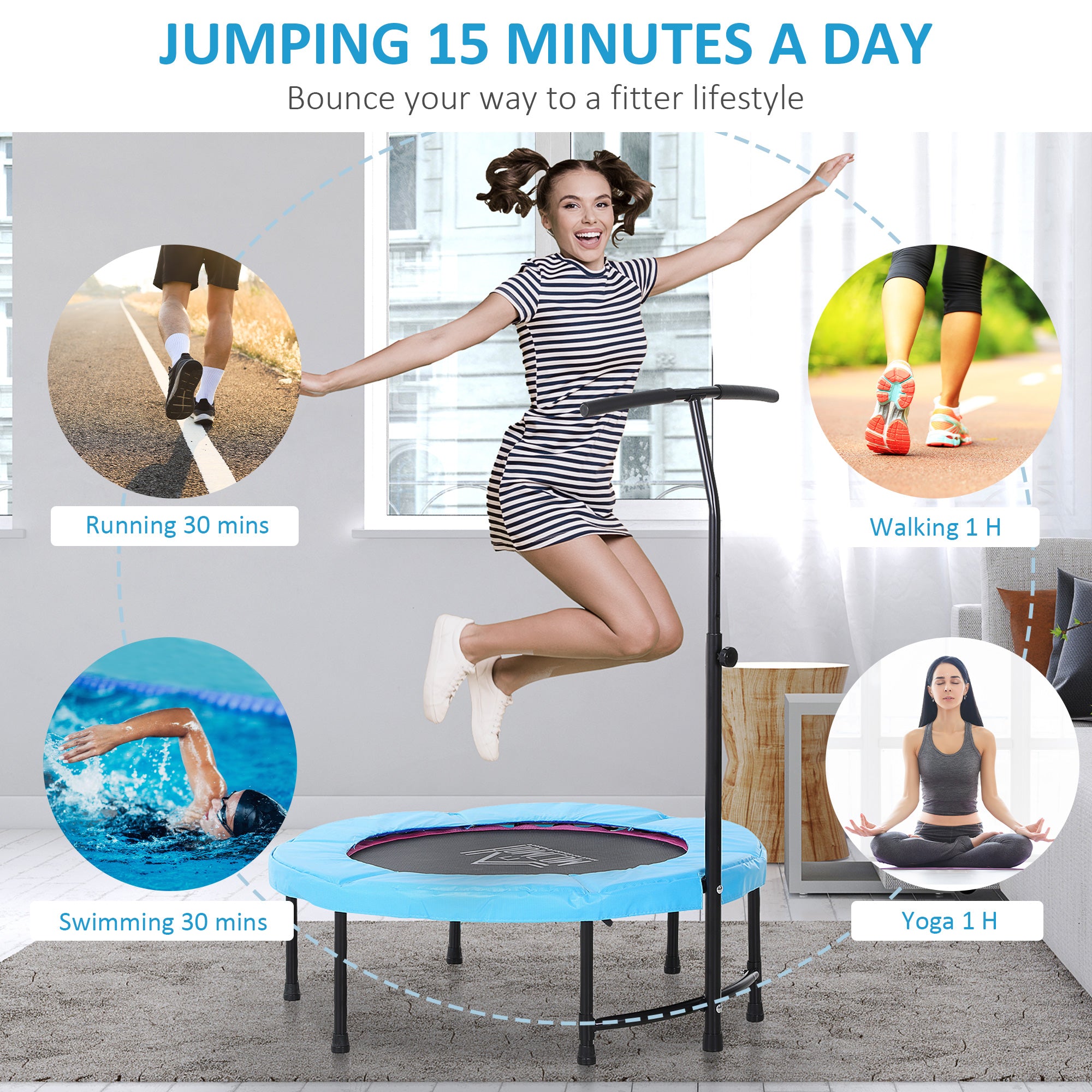 HOMCOM 40" Fitness Trampoline with Adjustable Handle, Rebounder Trampoline, Mini Jumper for Indoor Exercise Workout, Blue
