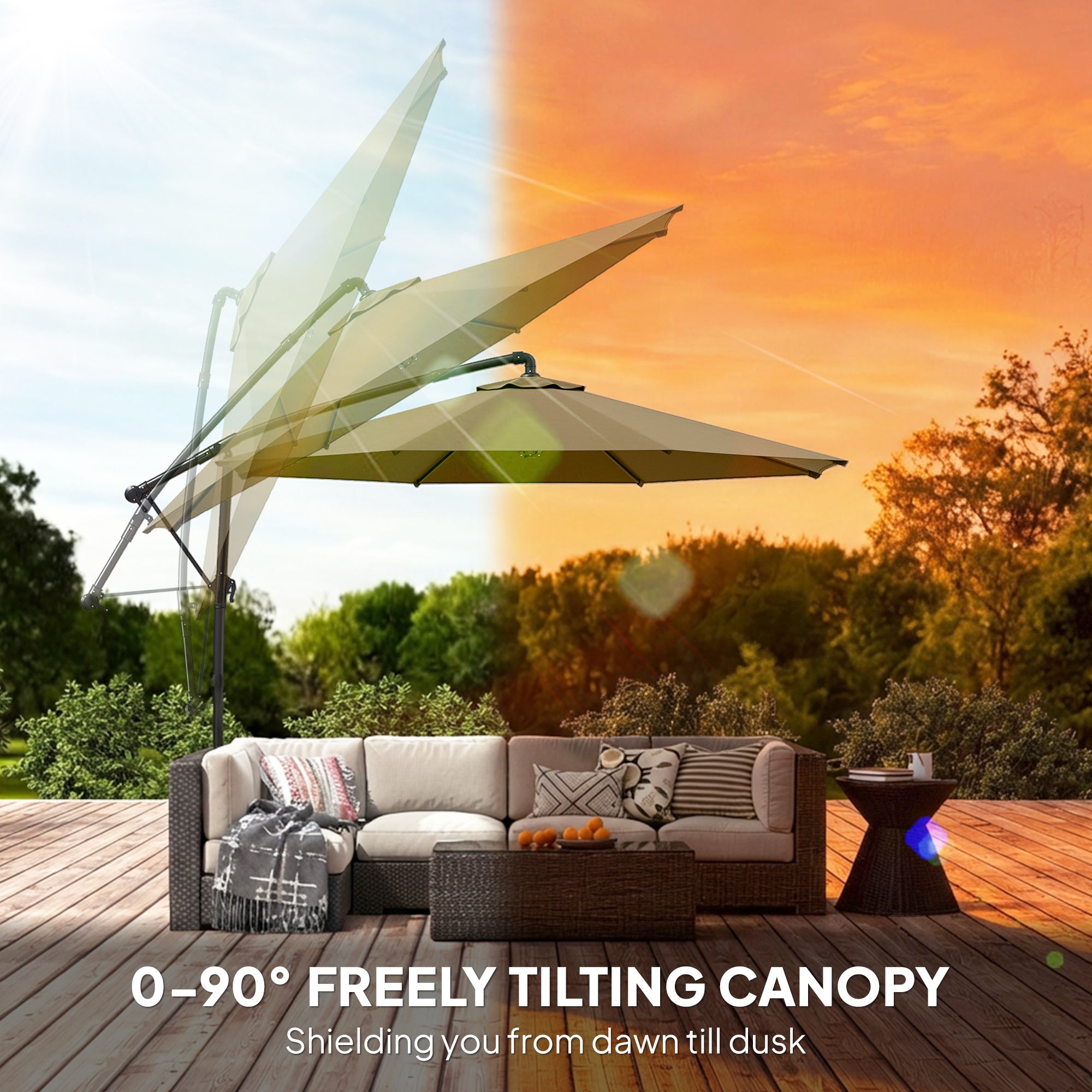 Outsunny 3 m Garden Cantilever Parasol with Cover, Round Overhanging Umbrella with 360Â° Rotation, Tilt, Khaki