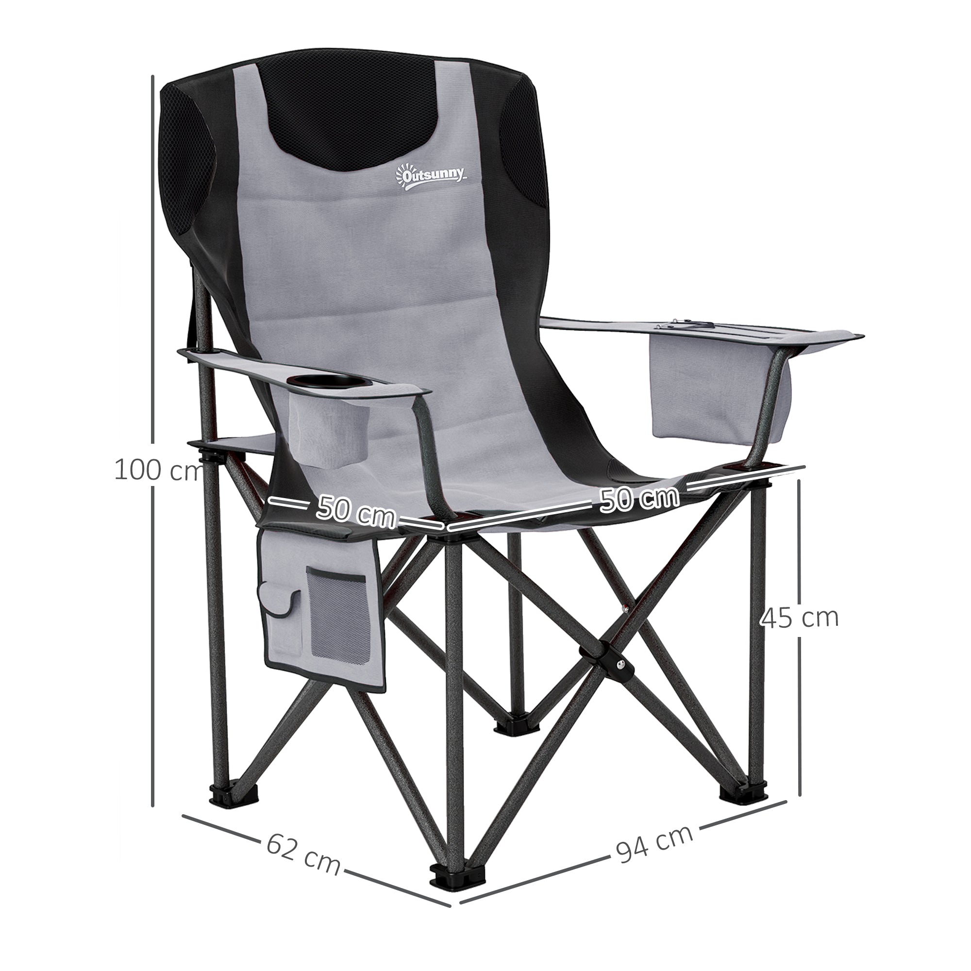 Outsunny Set of 2 Folding Camping Chairs, Padded Camping Chairs with Adjustable Armrests, Portable & Lightweight Folding Camp Chair with Cooler Bag, Cup Holder and Side Pockets, Grey