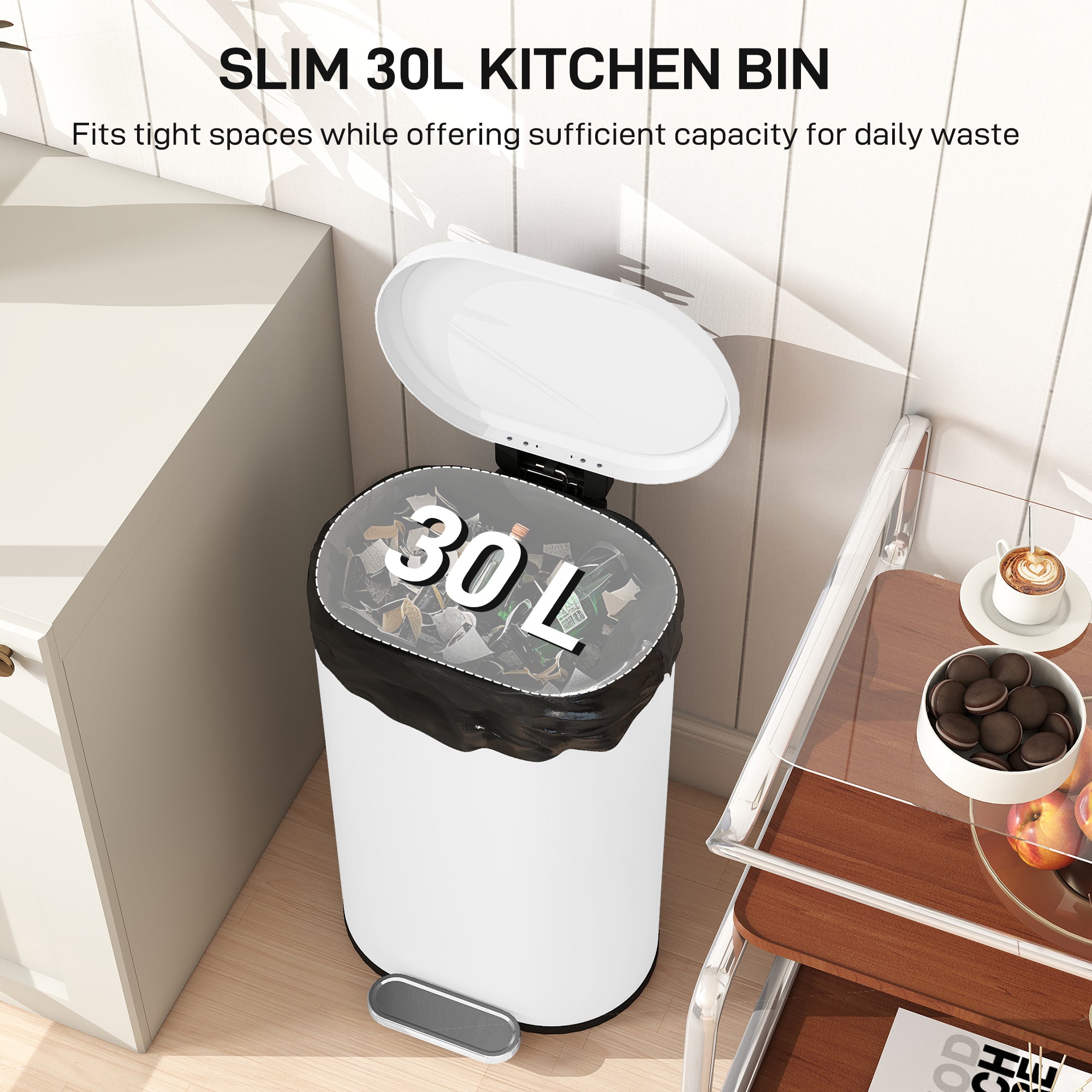 HOMCOM 30 L Modern Curved Kitchen Bin - White