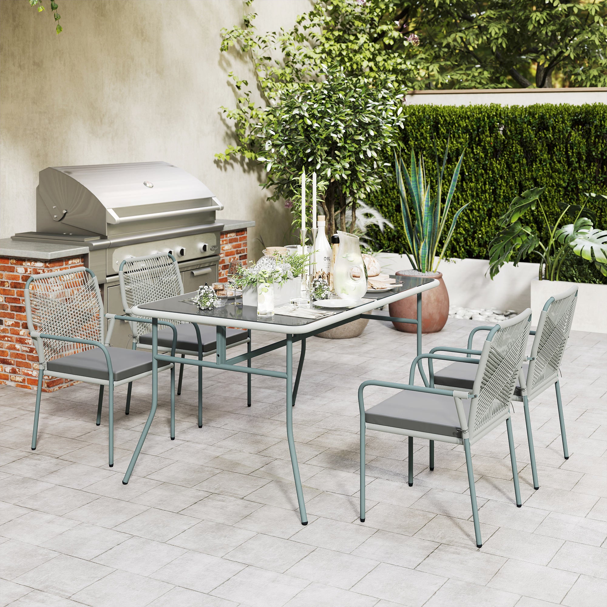 Outsunny Five-Piece PE Rattan Garden Dining Set with Cushions & Stackable Chairs - Light Grey