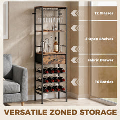HOMCOM Industrial Wine Bar Cabinet Freestanding Liquor Cabinet 16-Bottle Wine Rack Glass Holder Rustic Brown